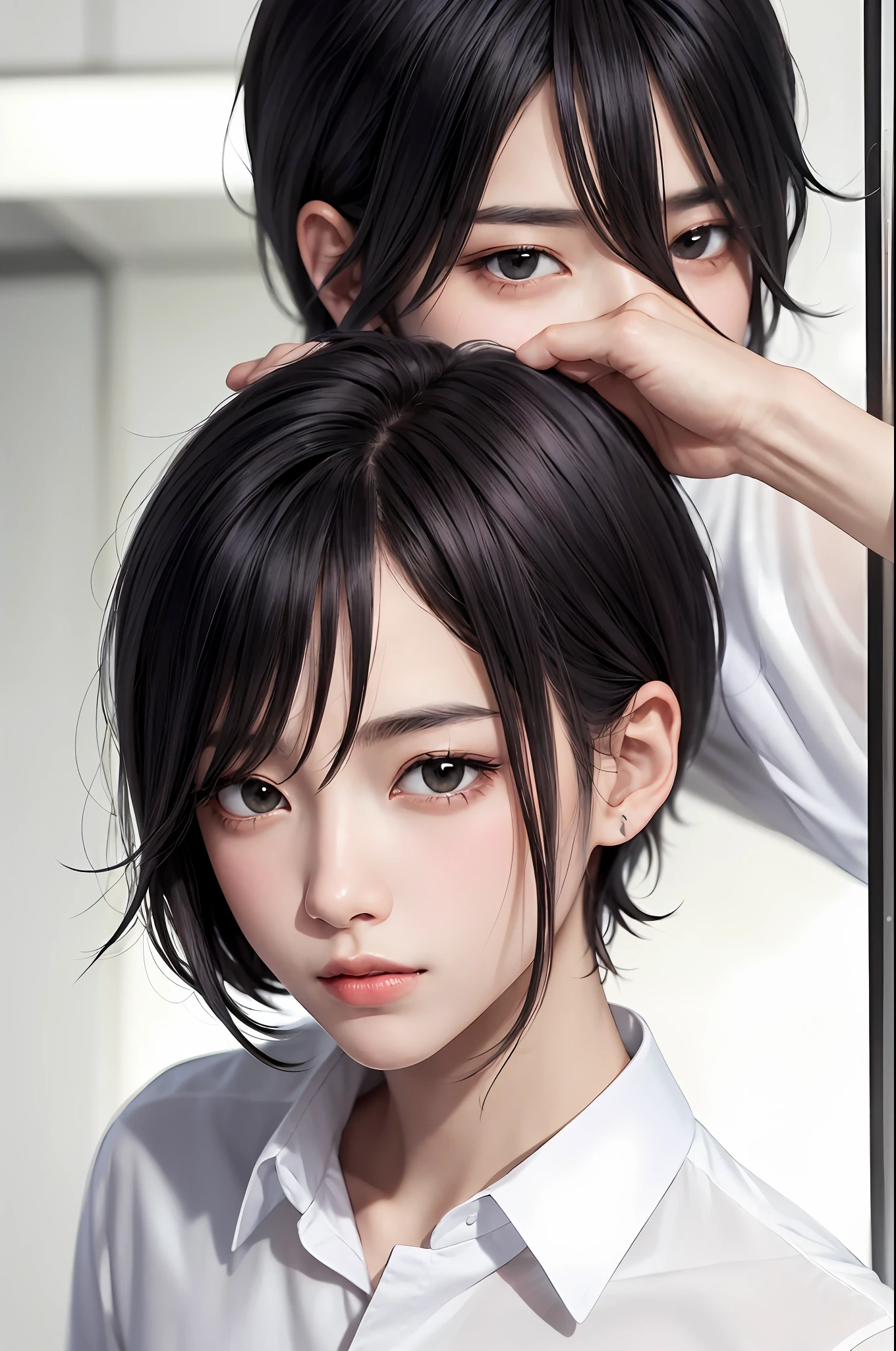 Beautiful boy,Black hair and black eyes,delicated,short detailed hair,Coldness,Light,Anime style,white shirt,ren,Kamimei