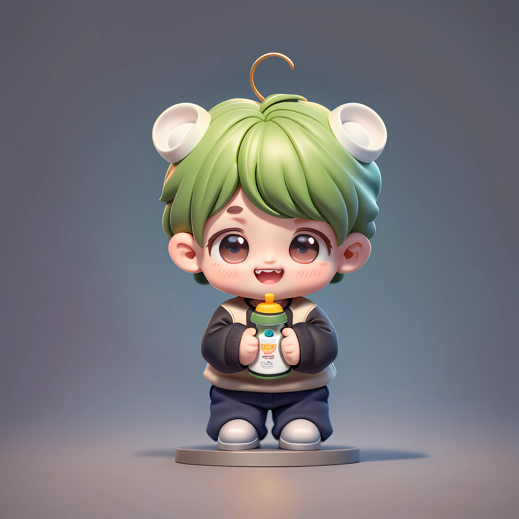 Please generate an image in a blind box style featuring a joyful boy. The boy has adorable black panda ears and a happy expression on his face with his mouth wide open. He is holding an infantng bottle with both hands. He is wearing a light grey pullover with black sleeves that reach his wrists. His pants are khaki in color, and he is wearing white shoes. When he smiles, his top and bottom front baby teeth aisible, giving him an endearing look. Additionally, there is a nevus located below his lower right lip.