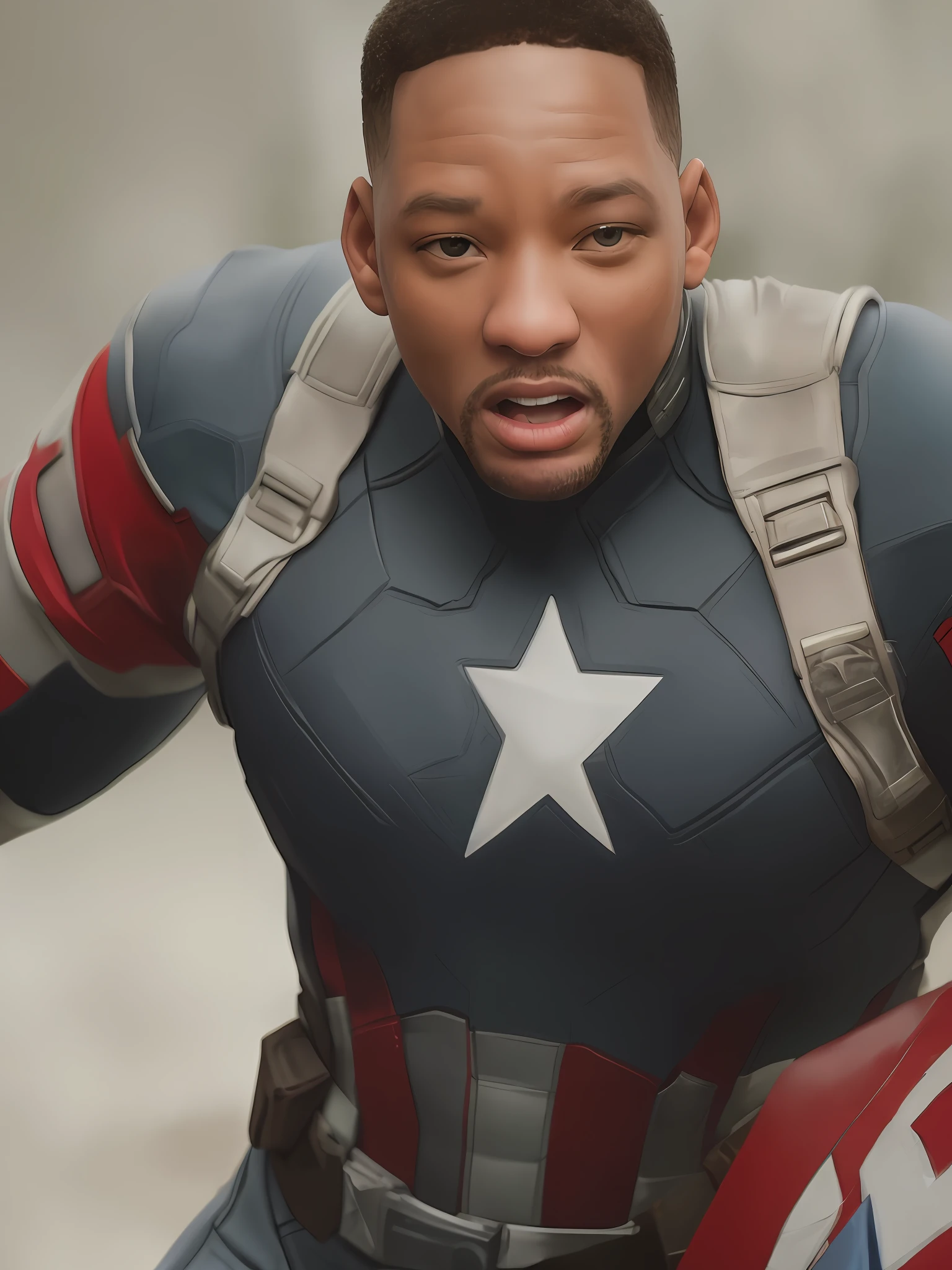 . .Tarantino style Will Smith as Captain America 8k, high definition, detailed face, detailed face, detailed eyes, detailed suit, in style of marvel and dc, hyper-realistic, + cinematic shot + dynamic composition, incredibly detailed, sharpen, details + superb details + evening with light + perfectionism + award winning realism ((moody lighting))