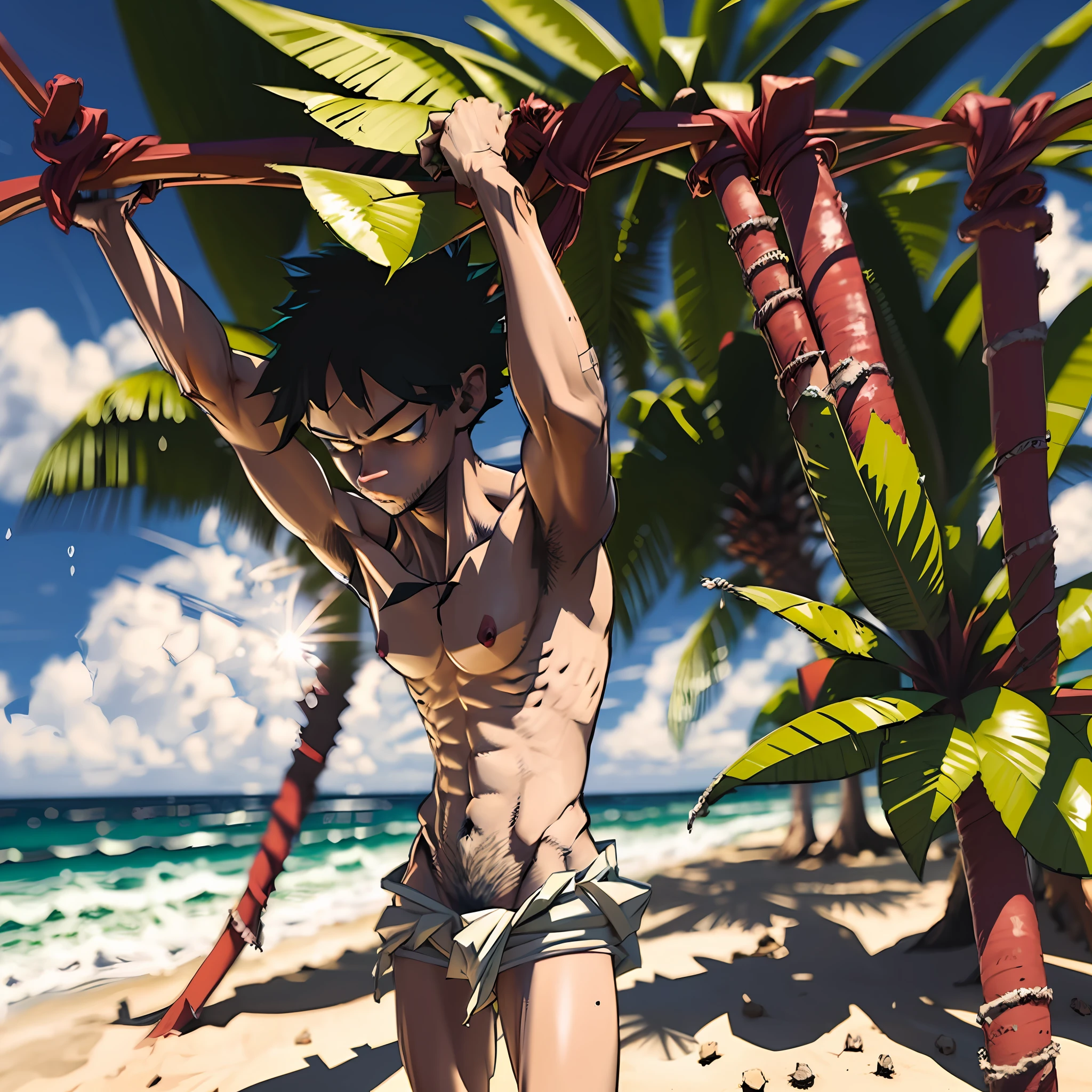A naked boy with a large bag wearing a narrow pair that is so short that it is almost invisible,There are a large number of hanging hairs exposed,Slightly stronger,on the beach,rainbowing,Tropical plants,in the afternoon,rays of sunshine --auto