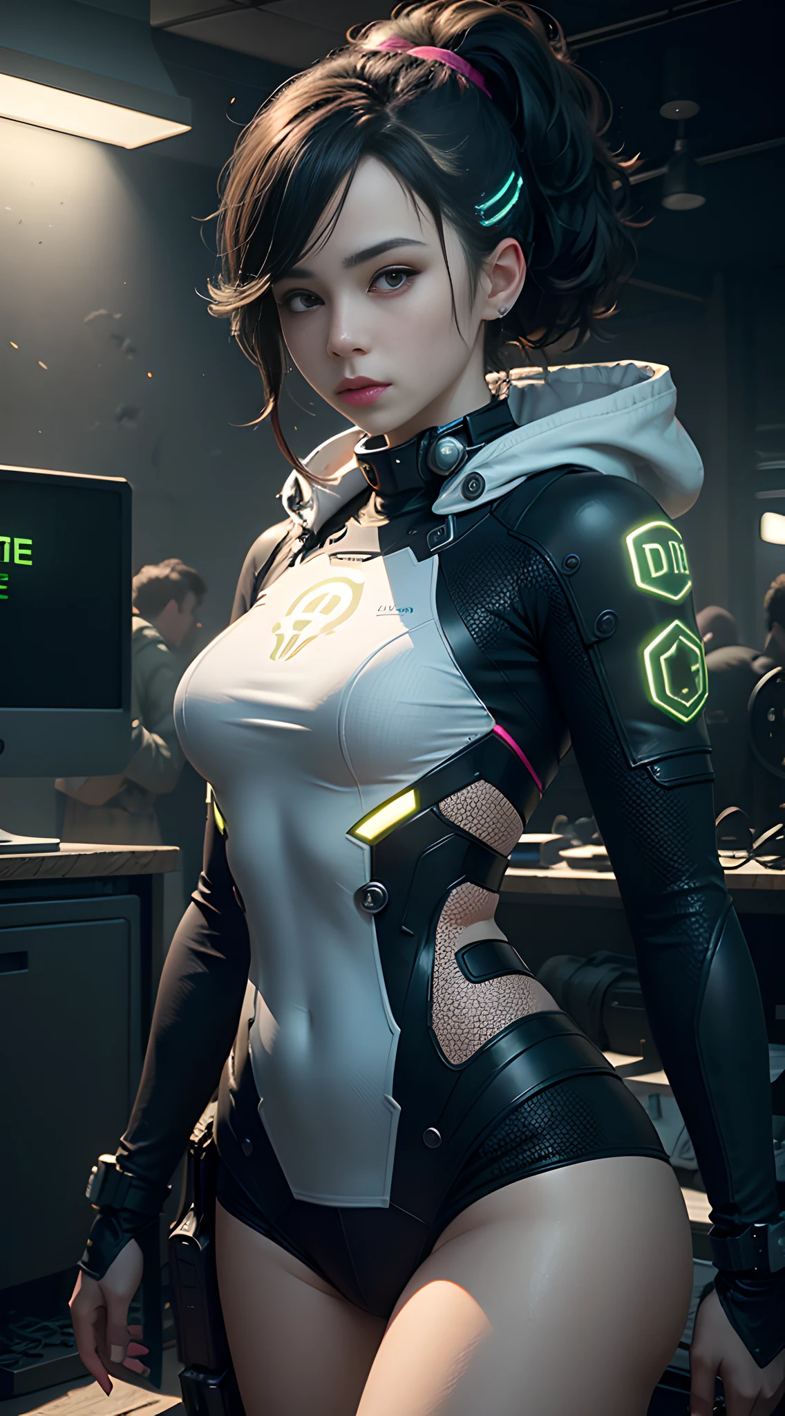 ((bestquality)), ((master masterpiece)), (Very Detail:1.3), 3D, beautiful (Cyberpunk:1.3) Female hacker,Mohican hairstyle,Looking at the Audience,Thick hair,Operate a computer terminal,Head-mounted display,Computer server,LCD screen,Fiber optic cable,Company logo,HDR(High dynamic range),Ray Tracking,NVIDIA RTX,Super-Resolution,Unreal 5,sub-surface Scattering,PBR textures,Post-processing,Anisotropic filtration,depth of field,Maximum clarity and sharpness,Multi-layer textures,Albedo and highlight maps,Surface coloring,Accurately simulate light-material interactions,Perfect proportions,Octane rendering,Duotone illumination,Low ISO,White balance,trichotomy,Wide aperture,8K RAW,Efficient sub-pixel,Subpixel convolution,Luminous particles,dynamic pose