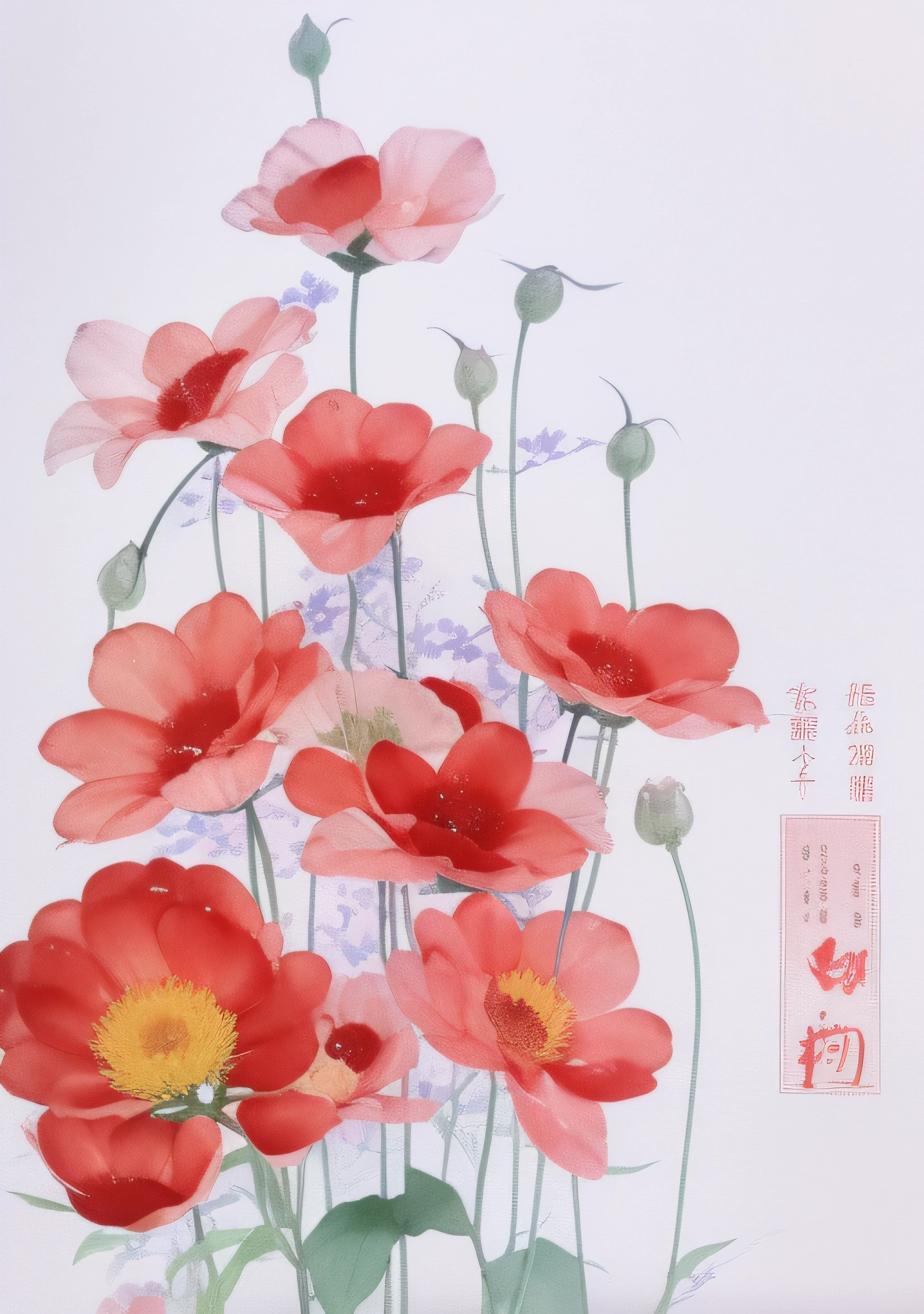 there are many red flowers that are in a vase, Chinese watercolor style, Chinese painting style, author：Park Hua, Traditional Chinese watercolor, author：Mei Qing, author：Shitao, Watercolor illustration style, Watercolor painting style, Middle metaverse, By Leng Mei, author：Liang Kai, author：Huang Ji, By Ren Xiong