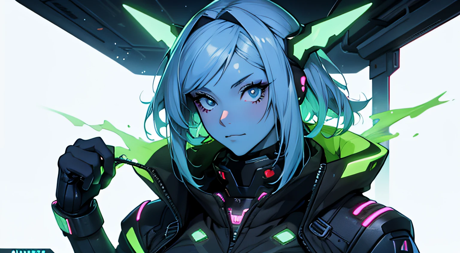 Classic anime style cyber punk illustration, Slime Girl Blue Skin Tech --auto