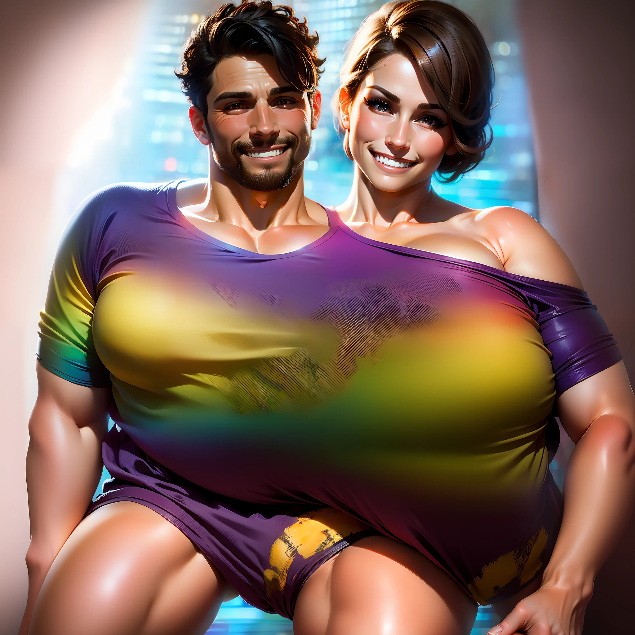 2heads,1man, puerto Rican, wearing latex, 45 years old, Best Quality, Masterpiece, Illustration, beautiful, Very detailed, CG, 8k wallpaper, amazing, attention to detail, masterpiece, best quality, Art, CG wallpaper 8k highly detailed, huge file size, ultra detail, high resolution, ultra high definition, very detailed, beautiful man detailed, eyes and face very detailed, facial hair, beautiful eyes detailed, (RAW photos, best quality), (real, Photorealism: 1.3), full body, light on the face, (brown hair: 1.3), chubby beautiful hair,(swollen eyes), (attractive), (sexy pose in front of the camera)), (smile), looking at the viewer, dark eyeliner, long eyelashes, flushed cheeks, erotic, fringes, ((((happy smile)))), (((1 man wearing a colorful low cut shirt)))), (cheap lounge background), (sweaty white skin), thin legs, (neckline)))), standing, speedo, bulge in speedo,erection