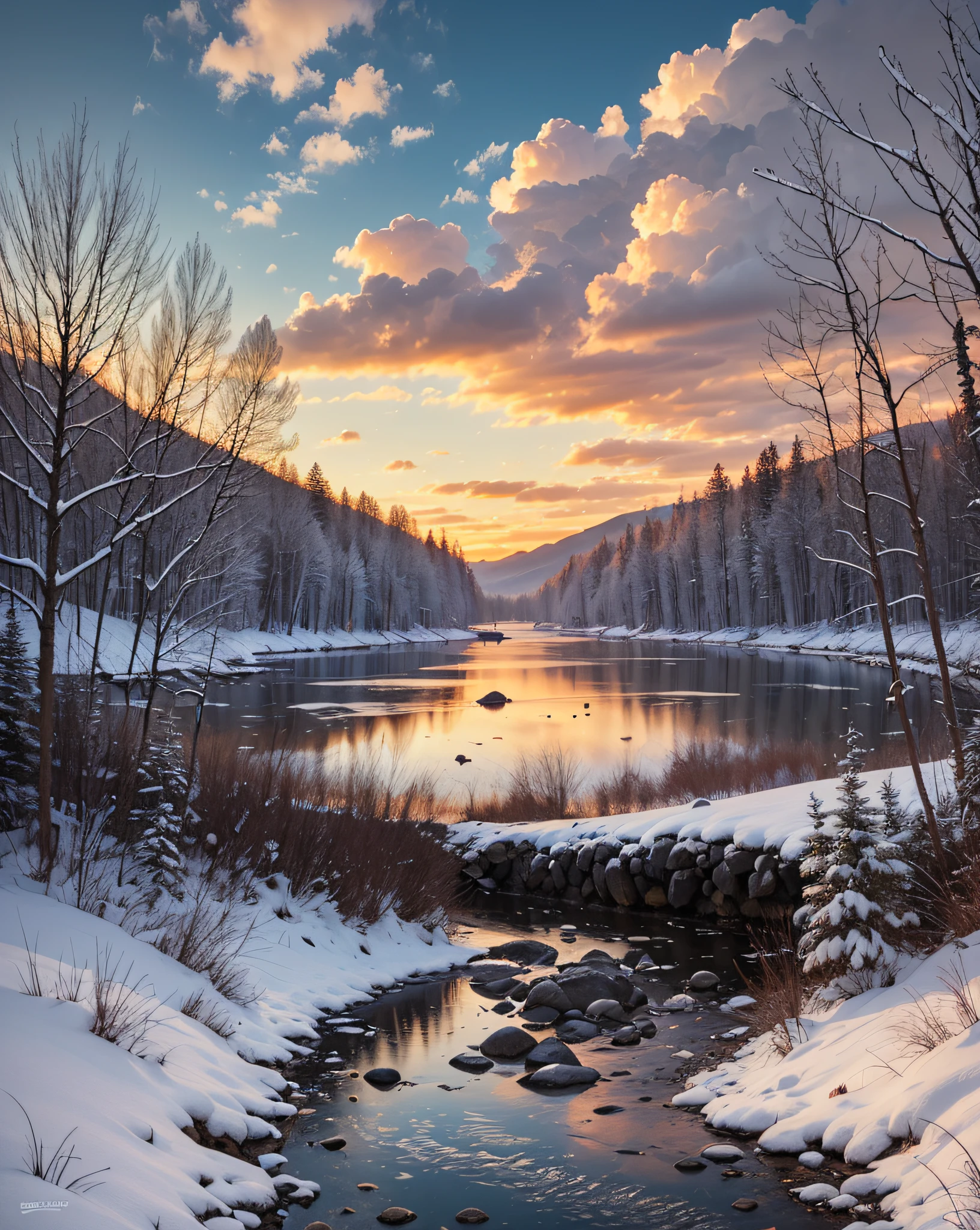 landscapes、Eau、Winters、thaw、(Very detailed CG Unity 8K Wallpapers)、most beautiful artwork in the world、Professional spectacular oil painting、with an intricate、High Detail、foco nítido、Dramatic and photorealistic pictorial art