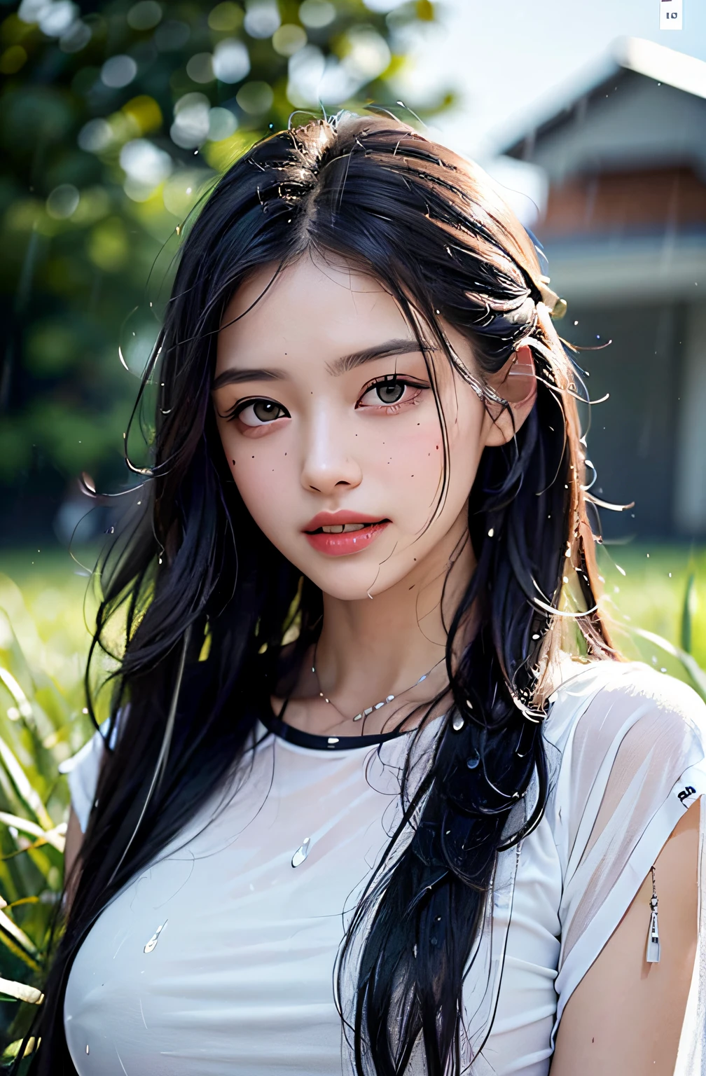 best qualtiy、​masterpiece、photoRealstic、intricate-detail、Raw foto、Photon Rendering、Octane Rendering、absurderes、ultra-detailliert、A detailed face、Detailed skin、Trending in art stations、8K Masterpiece、lighting like a movie、( (1girl in))、((独奏) ))、((Behold))、CG Social Trends、Plastic En、((Black Long Hair))、((Beautuful Women))、(A smile)、show the grinps、Upper teeth、Fashionable、summer clothing、Hair that flutters in the wind、((Flowing hair))、fashion magazine、(A sexy)、((lighting like a movie))、((grass field))、((a heavy rain))、stormy、((Wet with rain))、wetted skin、wetting hair、Wet clothes、