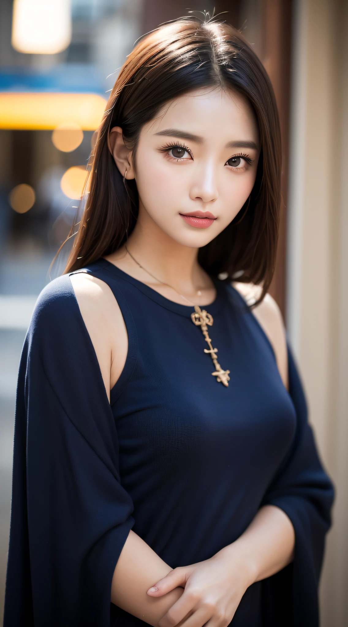 ((best qualtiy、8K、a masterpiece of:1.3))、foco nítido:1.2、(ultra beautiful faces:1.0)、(Slender Abs Beauty:1.0)、(shinny skin:1.0)、photograph realistic、Black-haired、Video Lighting、High-definition eyes and face、Video Lighting、(cowboy shot:1.3)、swim wears、(Korean Cute Actress)、from the front side、medium large breasts、A slight smile、Sleeveless
