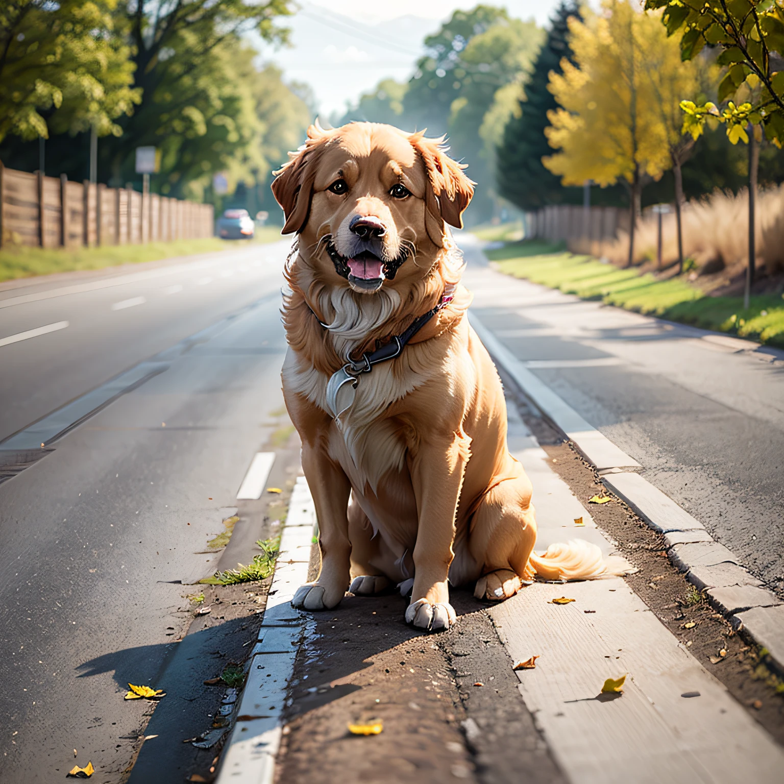 Golden retriever on a country road --auto