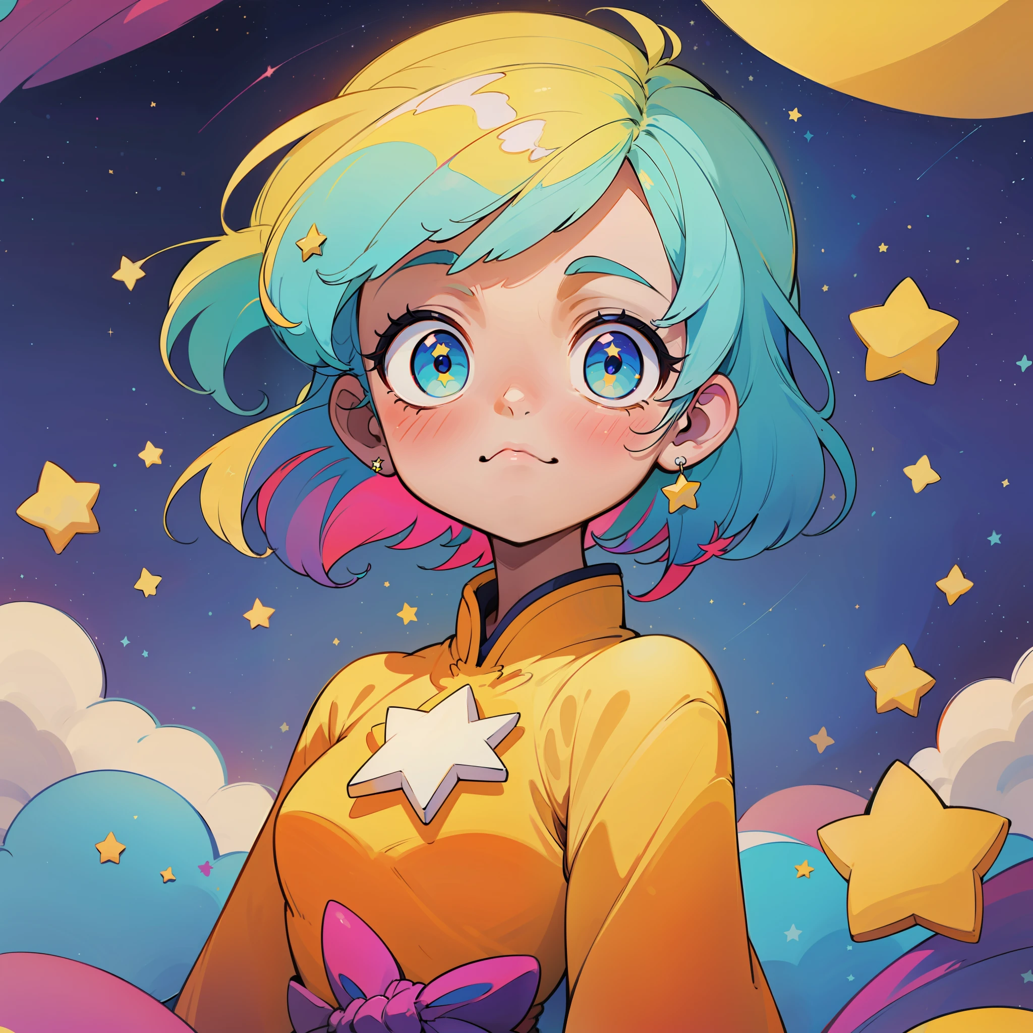 "Con un enfoque extremadamente detallado en la textura y el brillo de las estrellas, This kawaii design features a seamless pattern of bright and colorful stars."