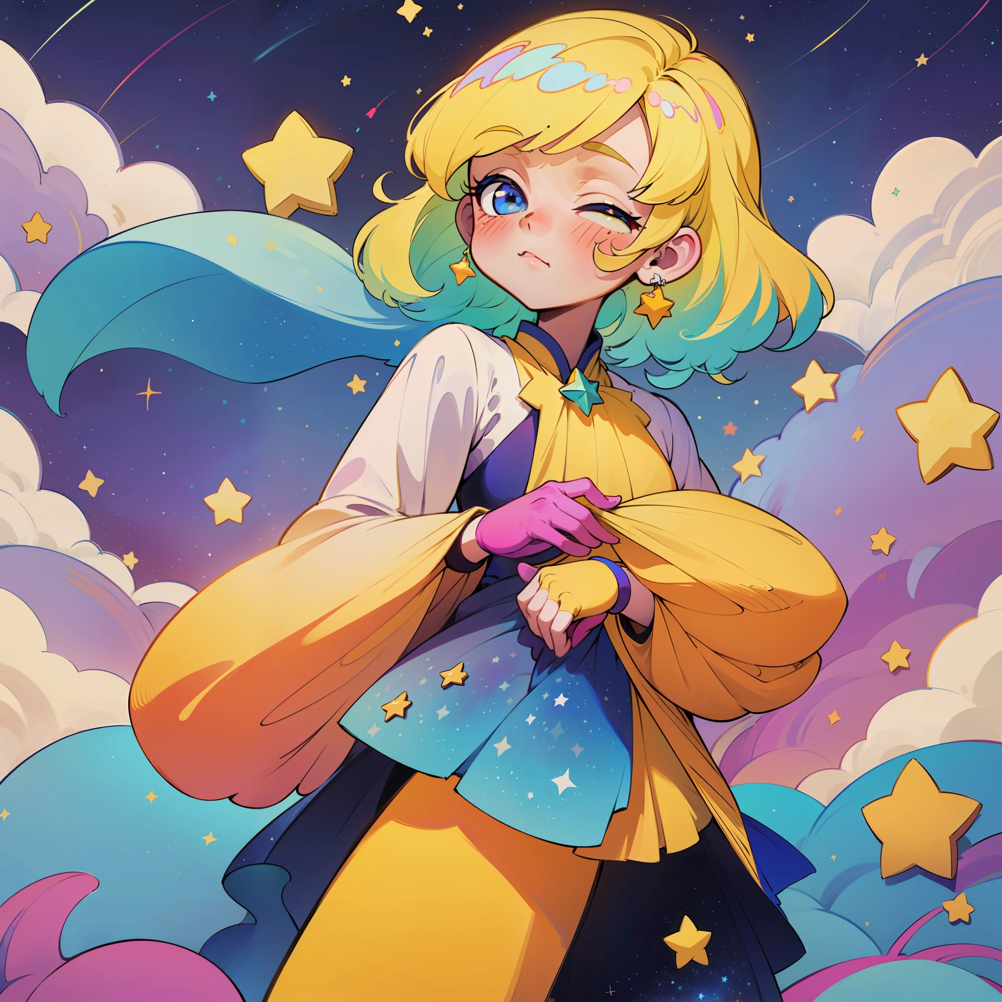 "Con un enfoque extremadamente detallado en la textura y el brillo de las estrellas, This kawaii design features a seamless pattern of bright and colorful stars."