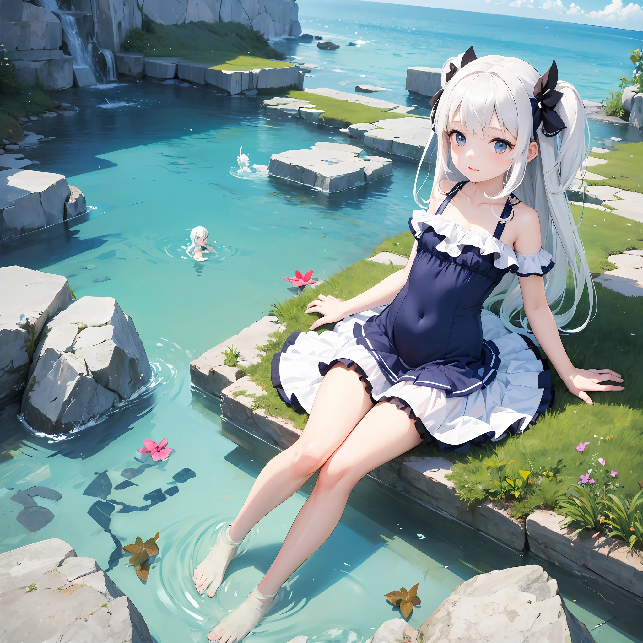 Anime girl sitting in the water, loli in dress,  in a bathing suit, Splash art anime Loli, small curvaceous loli, white-haired god,, wallpaper anime blue water, Perfect white haired girl, white haired Cangcang, cute anime waifu in a nice dress --auto
