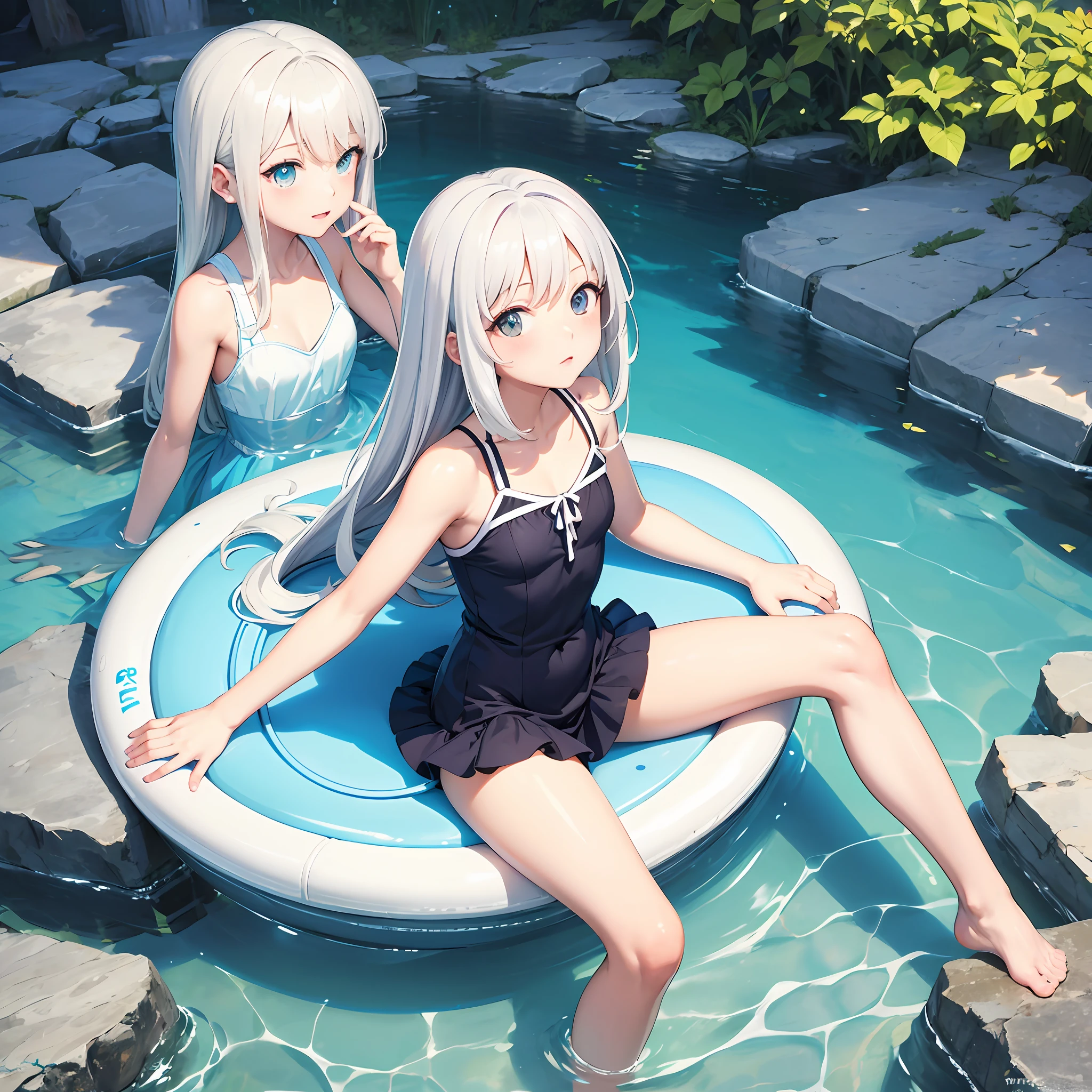 Anime girl sitting in the water, loli in dress,  in a bathing suit, Splash art anime Loli, small curvaceous loli, white-haired god,, wallpaper anime blue water, Perfect white haired girl, white haired Cangcang, cute anime waifu in a nice dress --auto