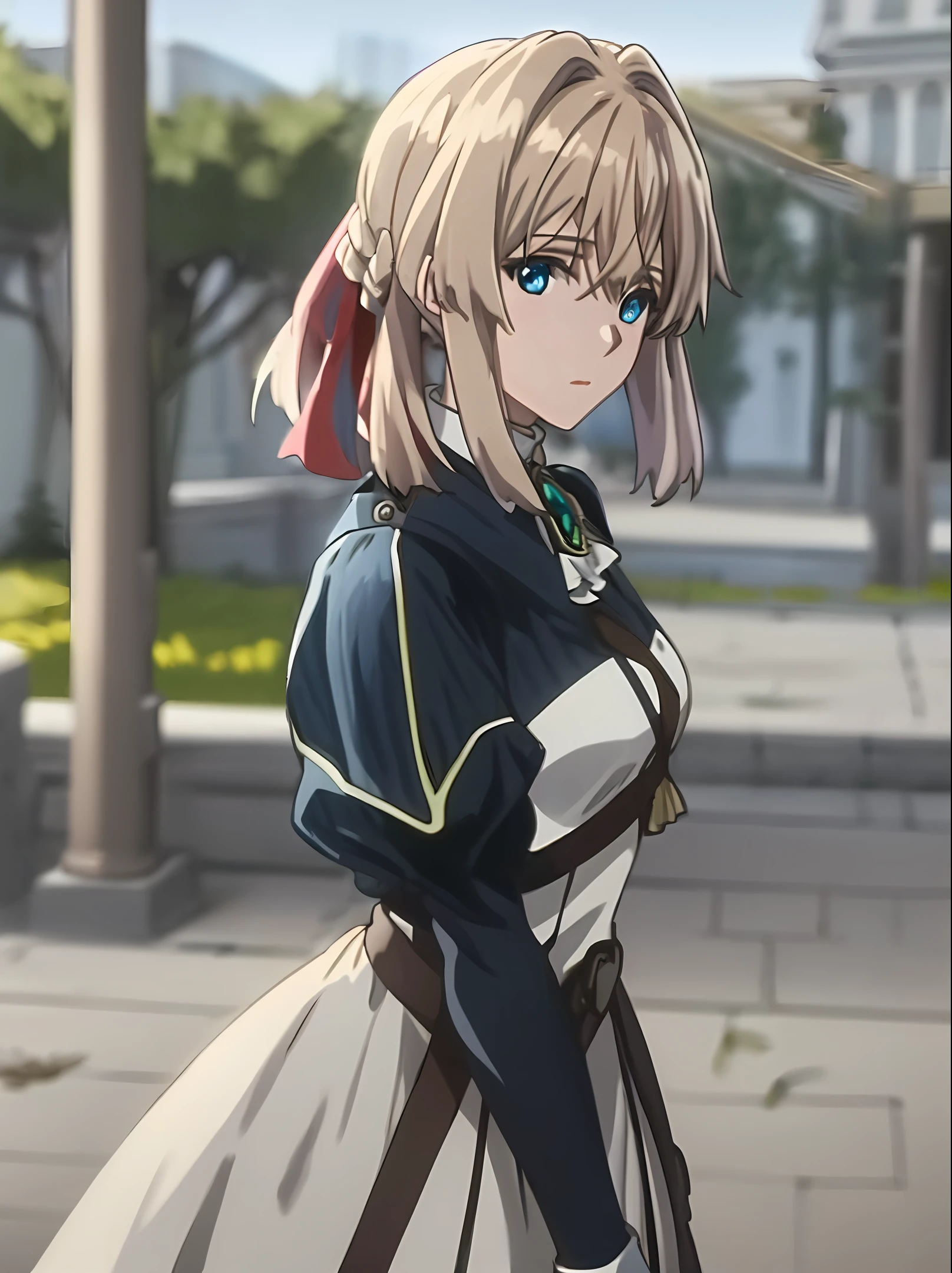 best quality, masterpiece,highly detailed,anime,1girl,upper body,violet_evergarden,medium breasts,perfect face,blond hair,hair ribbon,blue eyes,glowing eyes,blue jacket,long sleeves,white dress,green gem,brown gloves,outdoors,street,depth of field,looking at viewer,