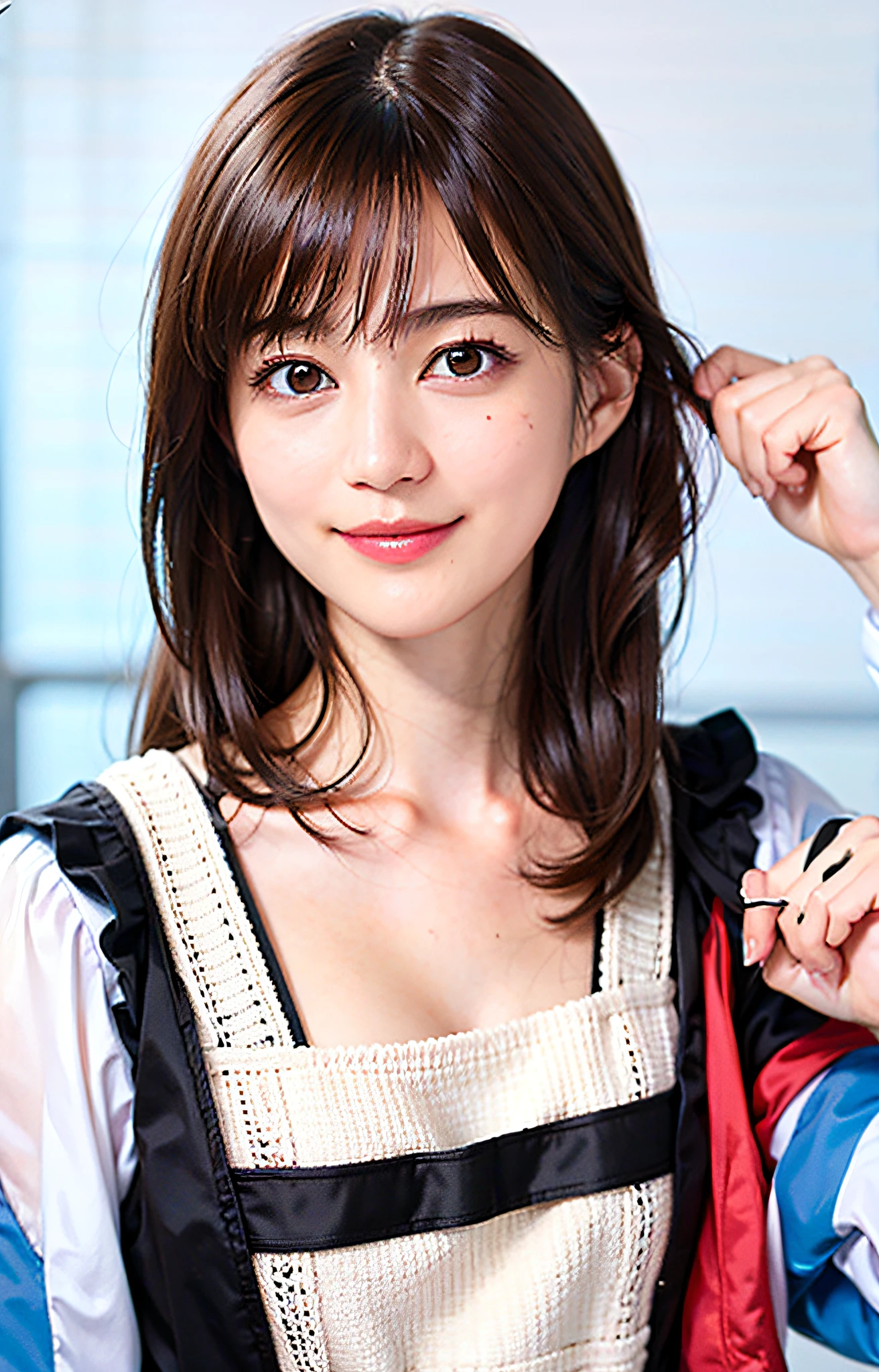 Clothed、(Photo Real:1.4)、(hyper realisitic:1.4)、(realisitic:1.3)、 (Smooth lighting:1.05)、(Improve video lighting quality:0.9)、32 k、 1girl in、20 years girl、Realistic lighting、Back lighting、Facial light、raytrace、(cheerfulness:1.2)、(Improved image quality:1.4)、 (Finest Real Textured Skins)、finely eye、finerly detailed face、ssmile、 (Tiredness, sleep, satisfied:0.0)、close up of face、student clothes:1.3、韓国アイドル、乃木坂アイドル、hposing Gravure Idol (Bodyline mood improvement:1.1)、glowy skin、韓国アイドル、乃木坂アイドル、hposing Gravure Idol、selfee