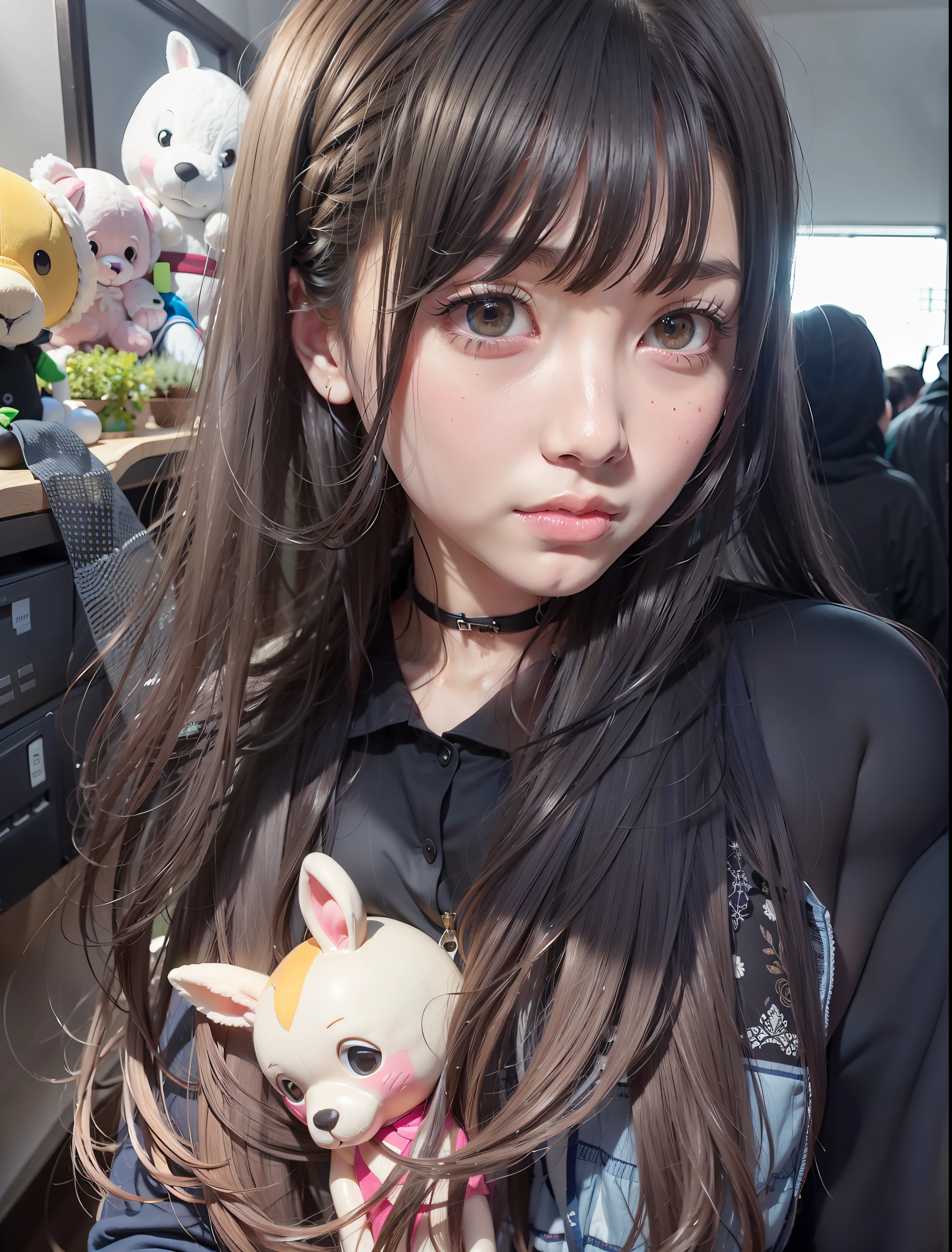 there is a woman with long hair and a stuffed animal, Brown hair long,By bangs, Long hair with bangs, tidy hair,By bangs, rnlong hair,Thick bangs, brown hair and bangs, brown hair,By bangs, She has black hair,By bangs, ulzzangs, Anime girl in real life, long straight bangs, Anime Thai girl, Asian girl with long hair