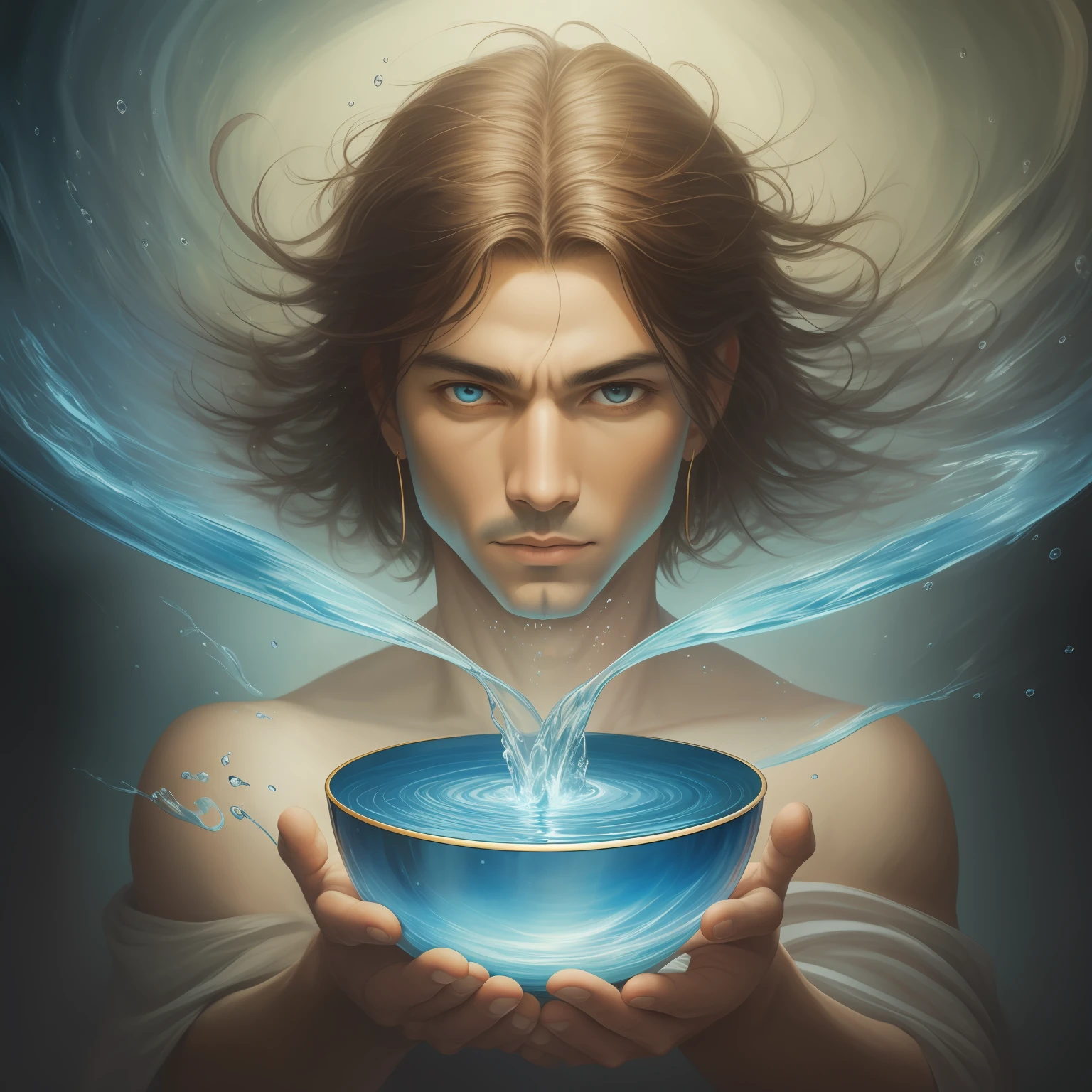 a face of a man holding a bowl of water, surreal painting, magic art flowing from hands, prophetic art, immortality fountain, surreal water art