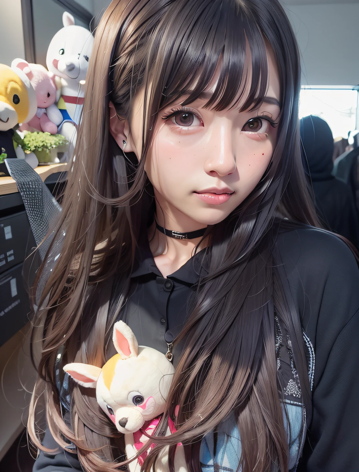 there is a woman with long hair and a stuffed animal, Brown hair long,By bangs, Long hair with bangs, tidy hair,By bangs, rnlong hair,Thick bangs, brown hair and bangs, brown hair,By bangs, She has black hair,By bangs, ulzzangs, Anime girl in real life, long straight bangs, Anime Thai girl, Asian girl with long hair