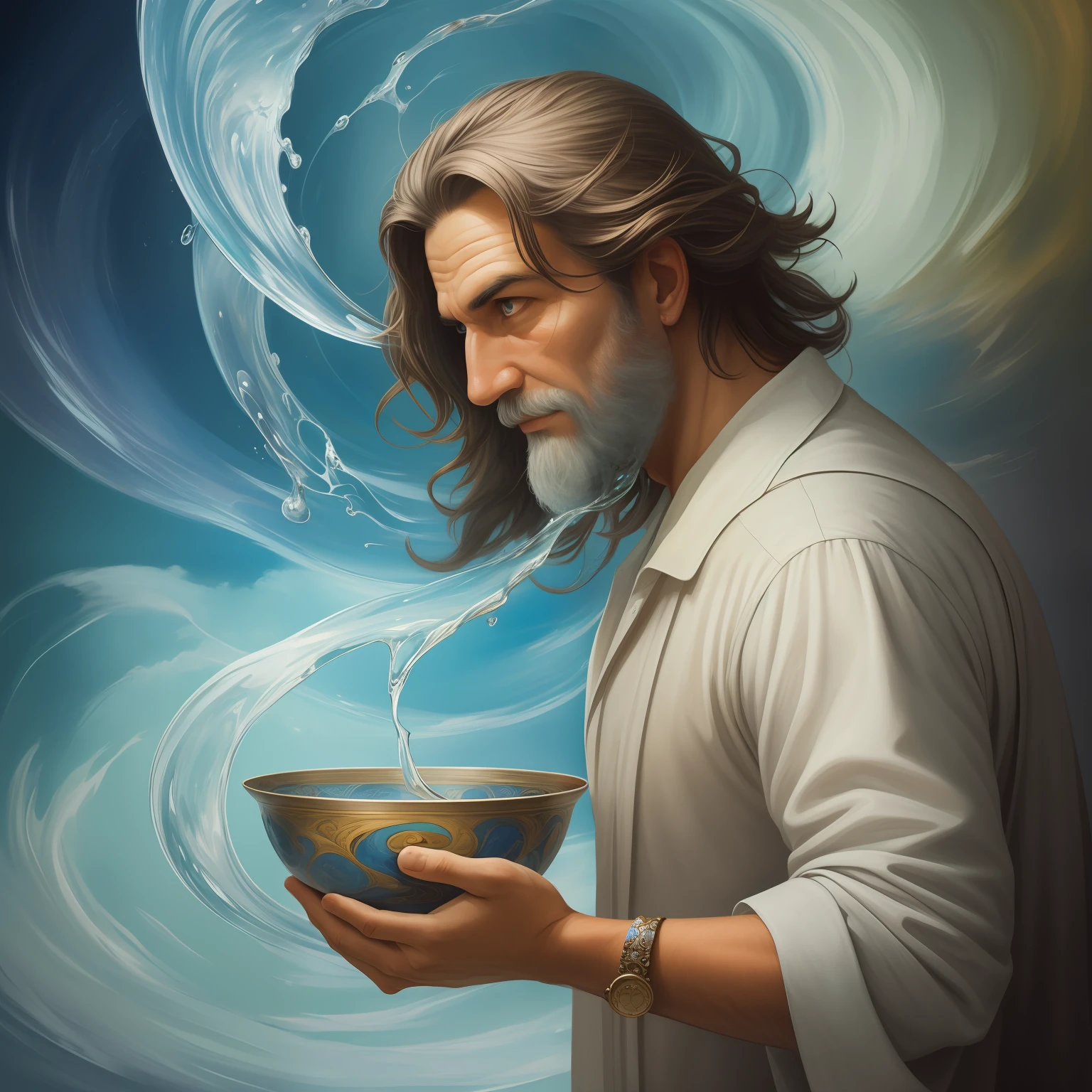 a face of a man holding a bowl of water, surreal painting, magic art flowing from hands, prophetic art, immortality fountain, surreal water art