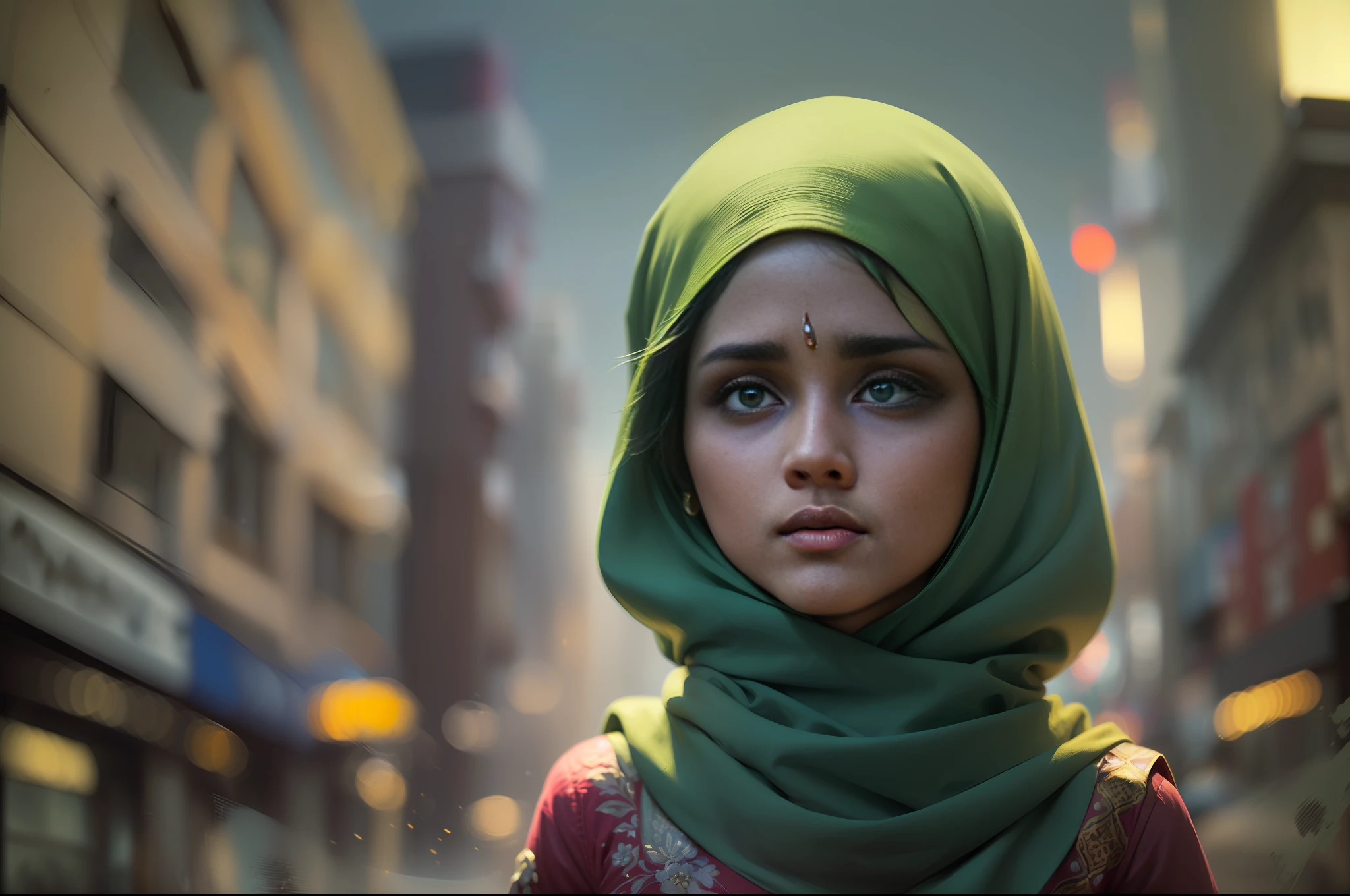 ( 
    (Character: one Indian woman, Stocky)
    (Clothing:shirt, green hijab on head),(sfw:1.3)
    (close shot:1.3, extremely detailed, (dynamic pose))
    (nighttime city, dimly lit, noir atmosphere:1, gloomy atmosphere, vivid green ominous lighting) 
    (Style: ((masterpiece:1.5)), (face detailed), photo-realistic:1.3, hyperrealistic, film grain)
)