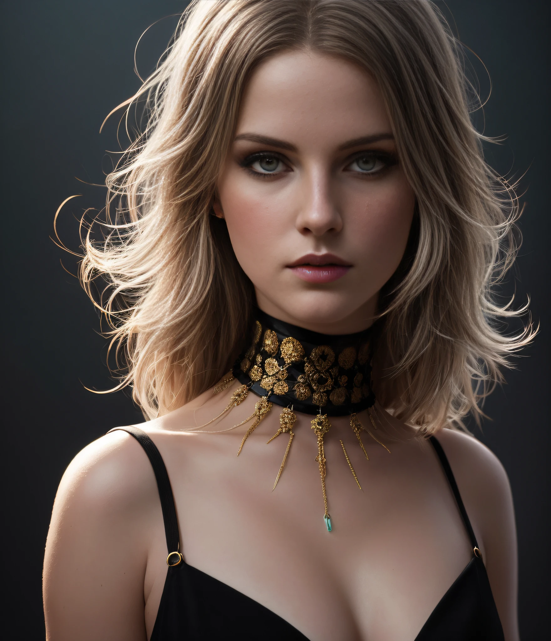A vibrant, hyperdetailed 4k resolution portrait of a young pale skinny white girl with black and gold hair. She is surrounded by intricate spider webs that integrate into her hair, set against a striking black background. The painting exudes luminism and features atmospheric bar lighting. The concept art is created by the talented artist Greg Rutkowski, inspired by the styles of Artgerm, WLOP, and Alphonse Mucha. The girl wears a choker and is depicted in a little fusion pojatti realistic goth style, with mesmerizing fractal isometrics and bioluminescence details. It is a stunning and realistic photograph capturing her beauty for over 30 years.
