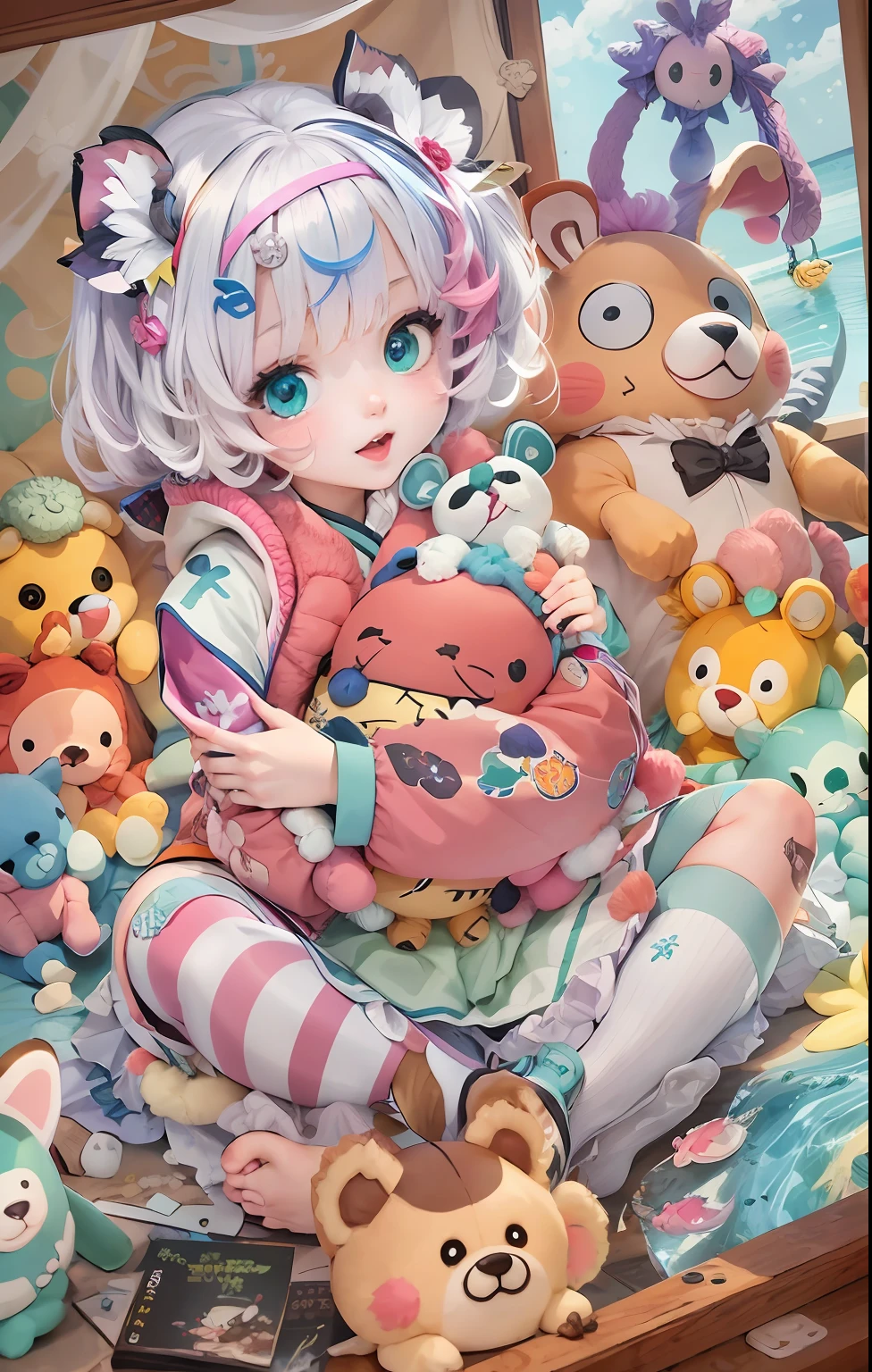 Anime girl with stuffed sea beast toys and other stuffed animals in arms, Splash art anime Loli, Loli, decora inspired illustrations,  Best anime Konachan wallpapers, Detailed fanart, by Kamagurka, An anime cover, There is a cute sea beast