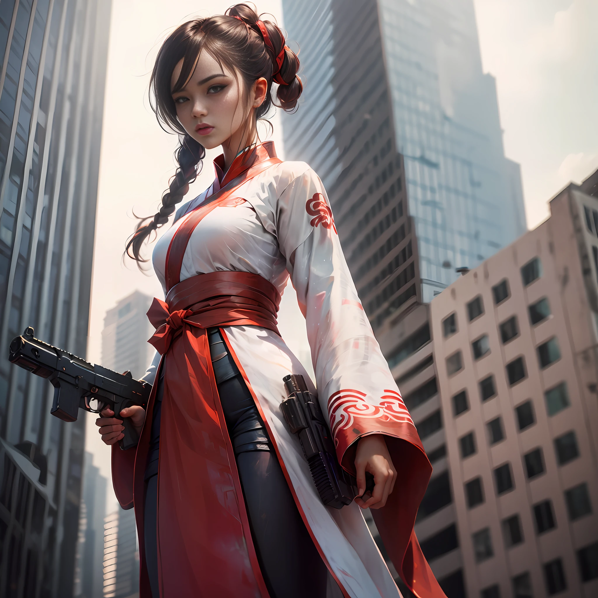 Cyberhanfu,cyber-punk,White and red,Lateral face,High-rise buildings,Facial detailed,Super perfect,Armed with a firearm,long eyelasher,with brown eye,light and shadow effect,edgerunner,Hanfu ,cyber punk style,neonlight,nigth,