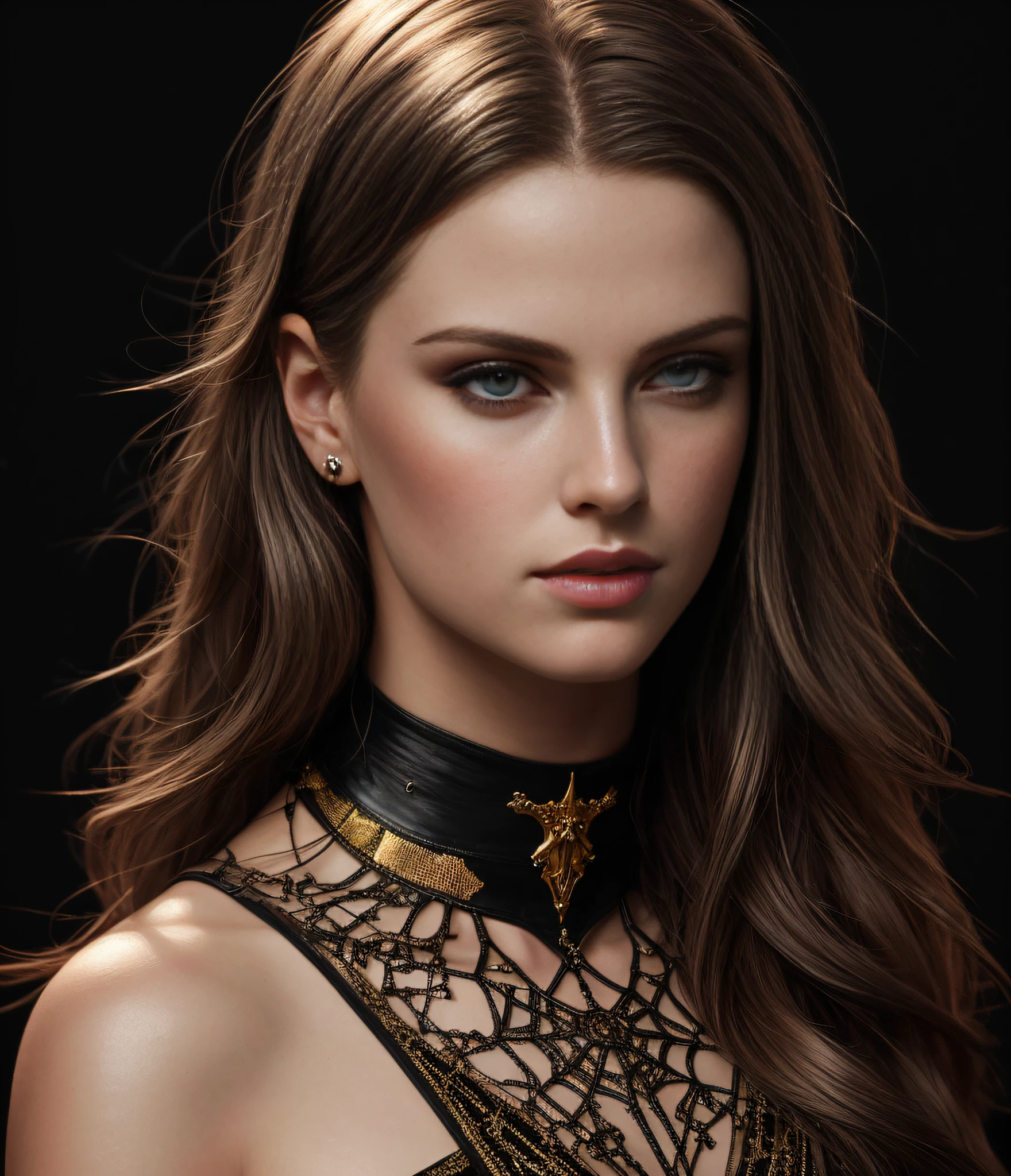 A vibrant, hyperdetailed 4k resolution portrait of a young pale skinny white girl with black and gold hair. She is surrounded by intricate spider webs that integrate into her hair, set against a striking black background. The painting exudes luminism and features atmospheric bar lighting. The concept art is created by the talented artist Greg Rutkowski, inspired by the styles of Artgerm, WLOP, and Alphonse Mucha. The girl wears a choker and is depicted in a little fusion pojatti realistic goth style, with mesmerizing fractal isometrics and bioluminescence details. It is a stunning and realistic photograph capturing her beauty for over 30 years.