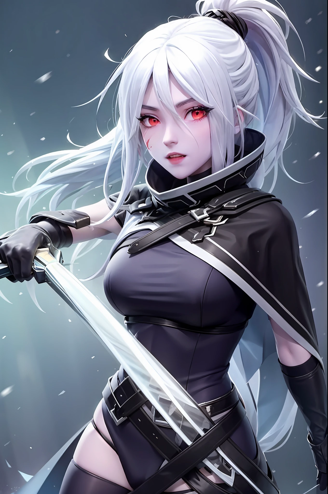 whaite hair，Red eyes，a beauty girl，black toga，holding a knife，The expression is cold