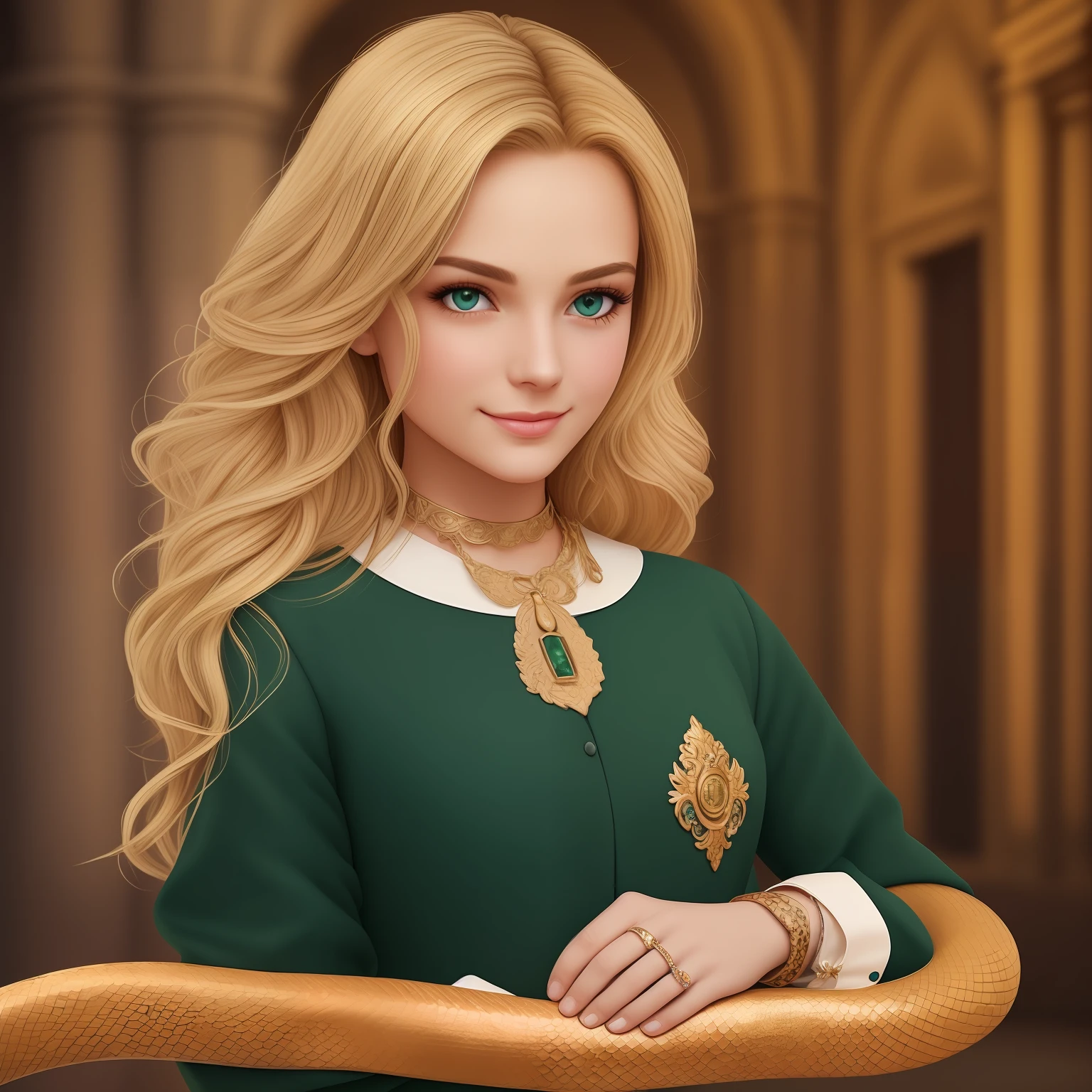 extreme hight detail,100% high definition detail，Long light blonde slightly curly hair，Light blue snake pupils，Small hair ornament，Leading gold jewelry，Dark green British college uniform，Diamond-crystal diagonal，Seductive smiles，ellegance，A half body，Palace hall --auto