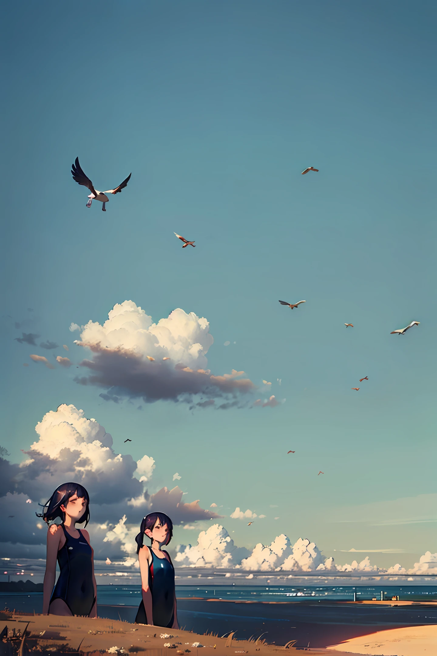 beachside,Skysky,Sunnyday,The cloudy,sun setting,swell sea,relaxed,dream magical,youthfulness,girls and boy,The wind blows through the hair,summer day,swim wears,quadratic element,Flock of Birds