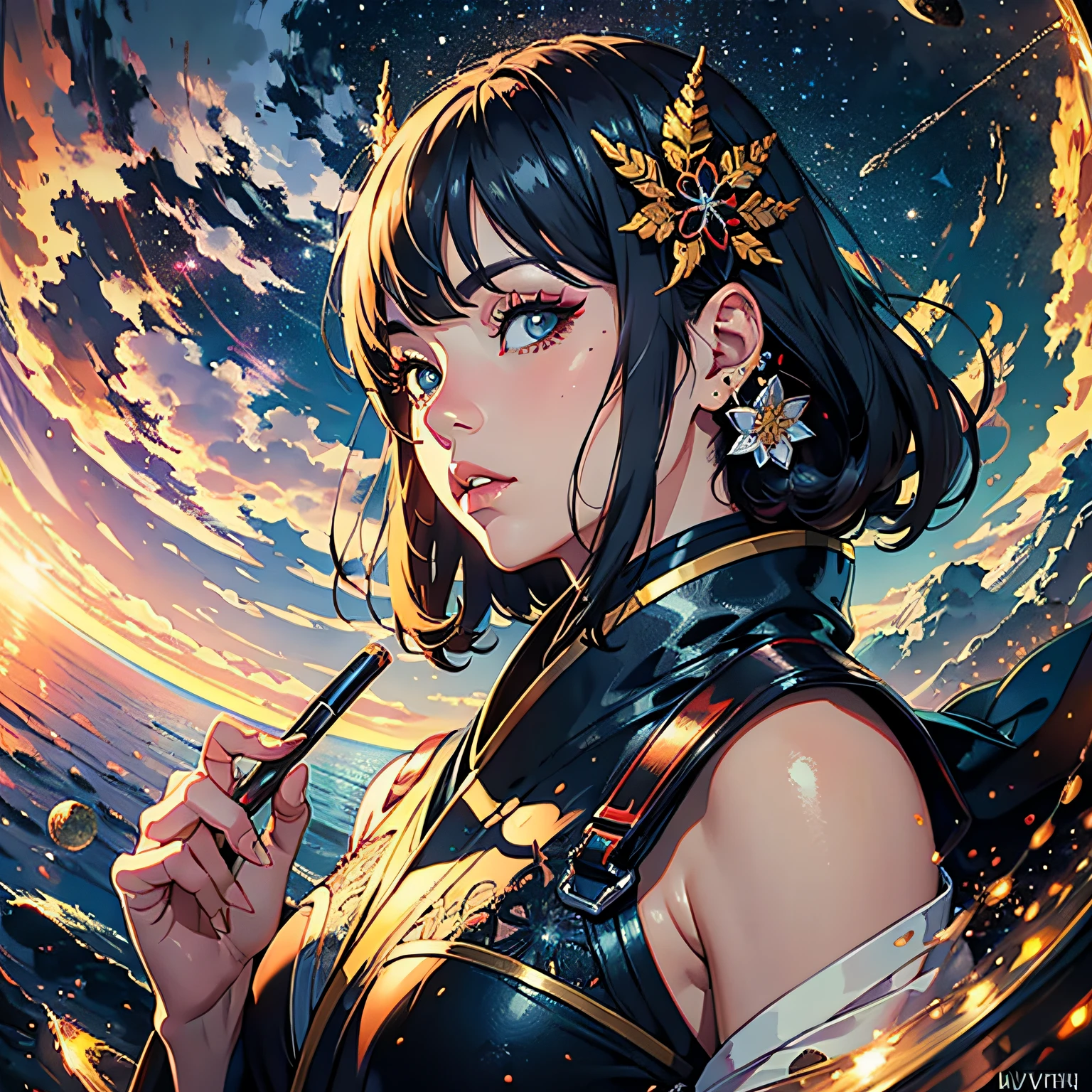 ridiculous resolution, hight resolution, (tmasterpiece: 1.4), super detailed, outer space, floating, onmyoji,Japanese woman, hyper-detailing, warm tones, intricate details, volumetric, art by Iliya Kuvshinov, a glaring eyes, dvArch Modern, 85 mm, f1.8, portraite of a, photo-realistic, A hyper-realistic, orange, Ultra-detailed, intrikate, dramatic, Sunset lighting, eye shadow, wide dynamic range