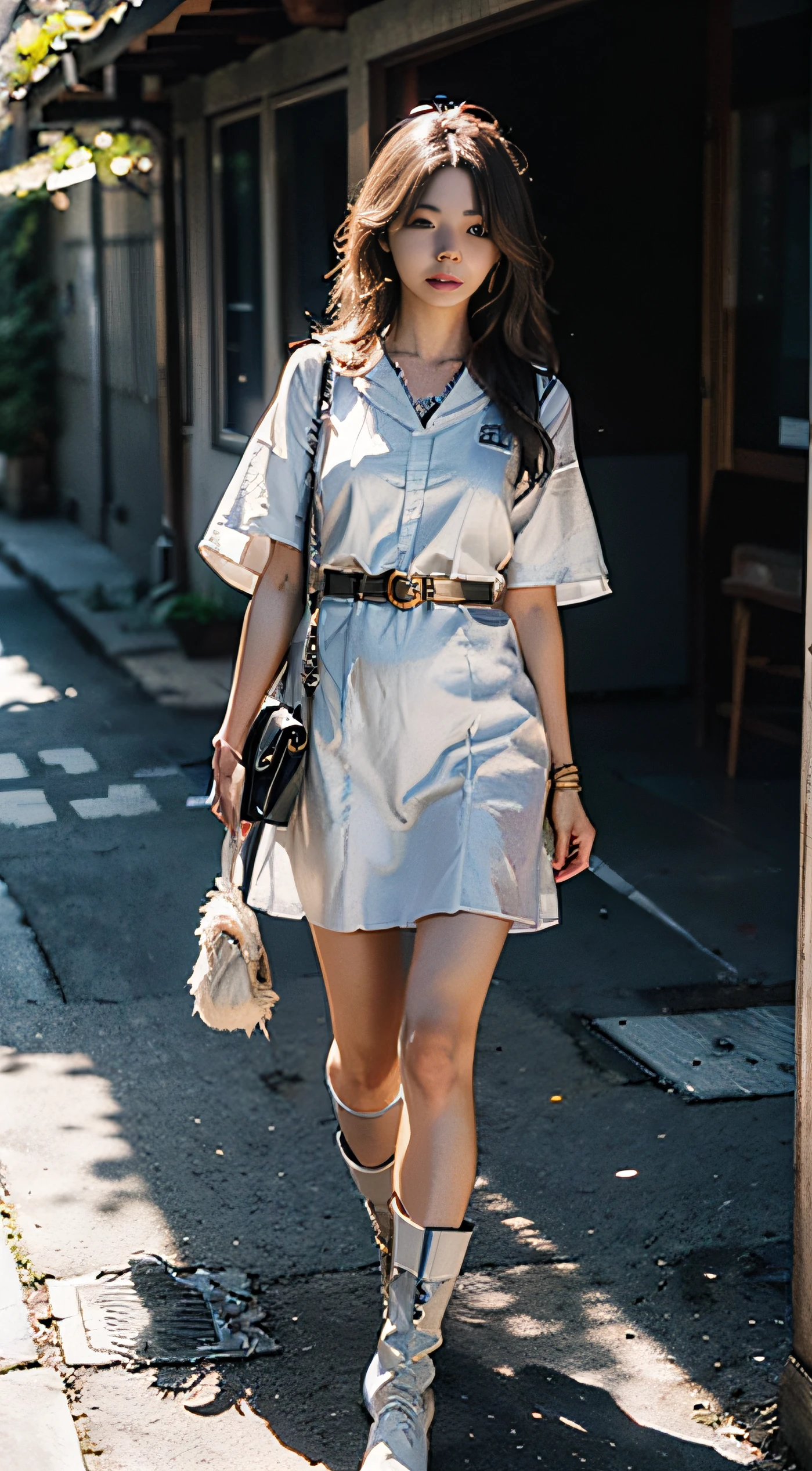"(Extreme Detail CG Unity 8K Wallpapers，tmasterpiece，Highest image quality)，(Delicate light and shadow，The picture is highly dramatic，Cinematic lens effect)，A girl in a white nurse's uniform，Long hair with a blonde shawl，stands in the garden，dynamicposes)，(Exceptional detail，The lighting effect is outstanding，Vista wide angle)，(Excellent rendering，Enough to stand out from the crowd)，Gentle eyes，White boots to the knees，With a gold bracelet，The background is a huge white city.