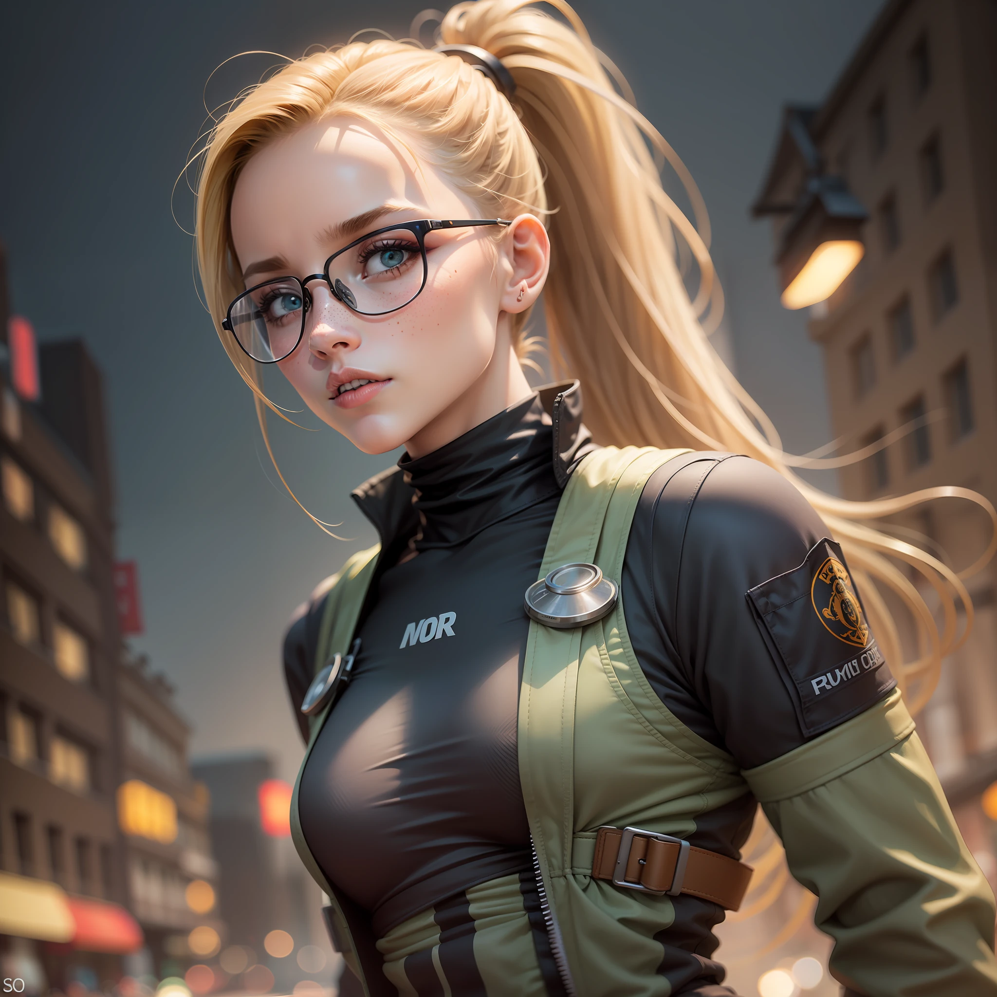 Cammy branco (Lutador de rua), olhos cinzas, cabelo blondie cinza ponytail, pale skin and freckles, soft and beautiful lips, Aviator glasses with yellow transparent lenses, wearing tactical black baselayer, military office pants, coturno preto tratorado, portando um fuzil de assalto M4A1, Preparando-se para atacar e emboscar, ruas de Moscou em guerra. Noite sob luz das ruas. Luz Natural, poor lighting, fotorrealista, disco Rigido, 8k, obra prima, hard driveR, .......RAW, Olhando, Aerial focus, Canon EOS R5, mola a 50mm | | | | |, F/2.8, HDR, (((corpo inteiro)))