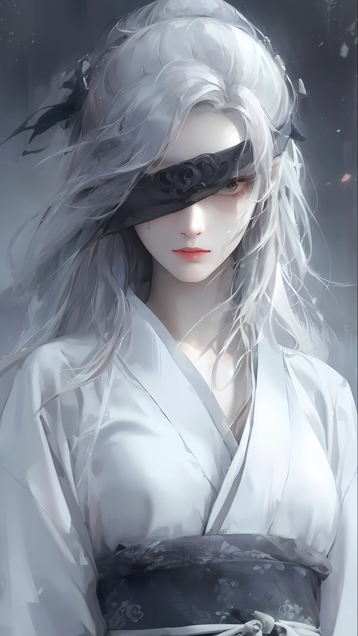 close-up of a woman with white hair and white mask，Belle peinture de personnage，Guviz，Guviz-style artwork，white-haired god，Yang J，Epic and beautiful character art，Stunning character art，FAN Qi，Wu Zhun Shifan，Guvitz at the Pixiv Art Station，cleavage，marron marron，Dewy skin，sweatyskin，