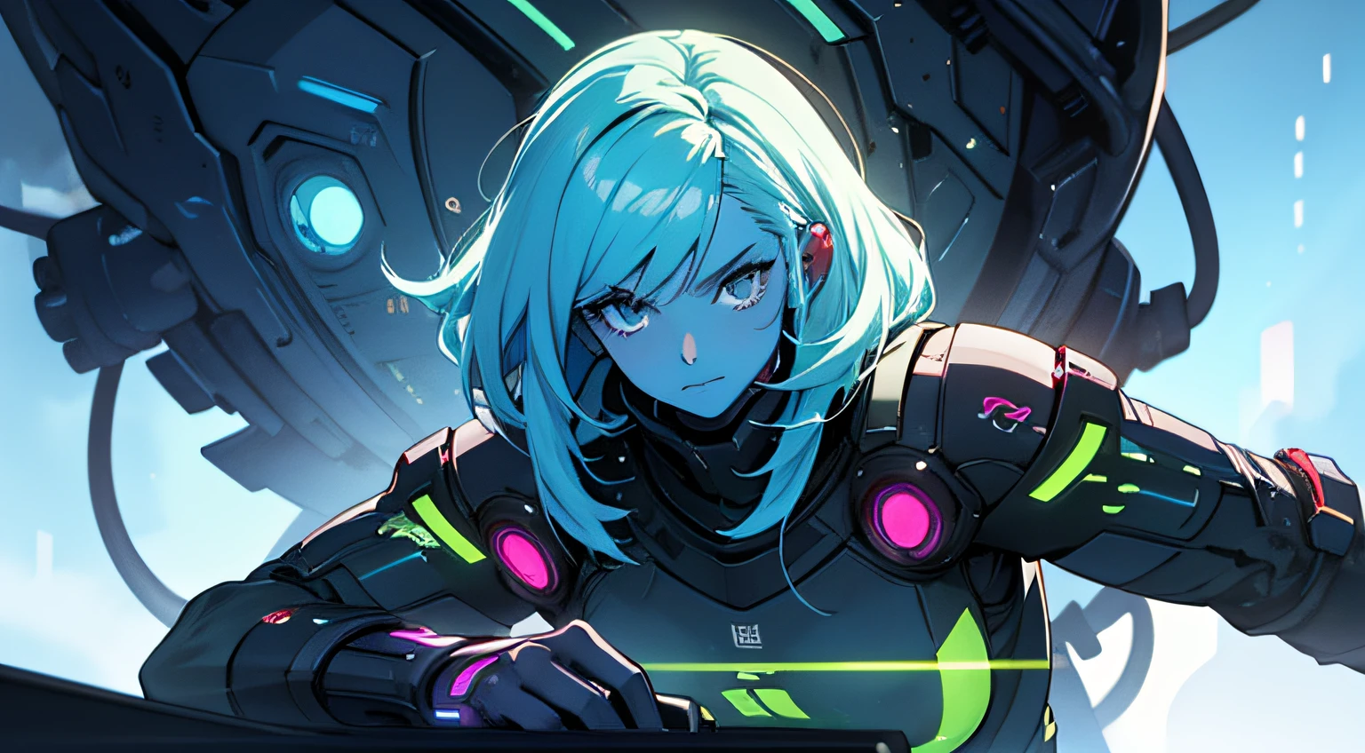 Classic anime style cyber punk illustration, Slime Girl Blue Skin Tech --auto