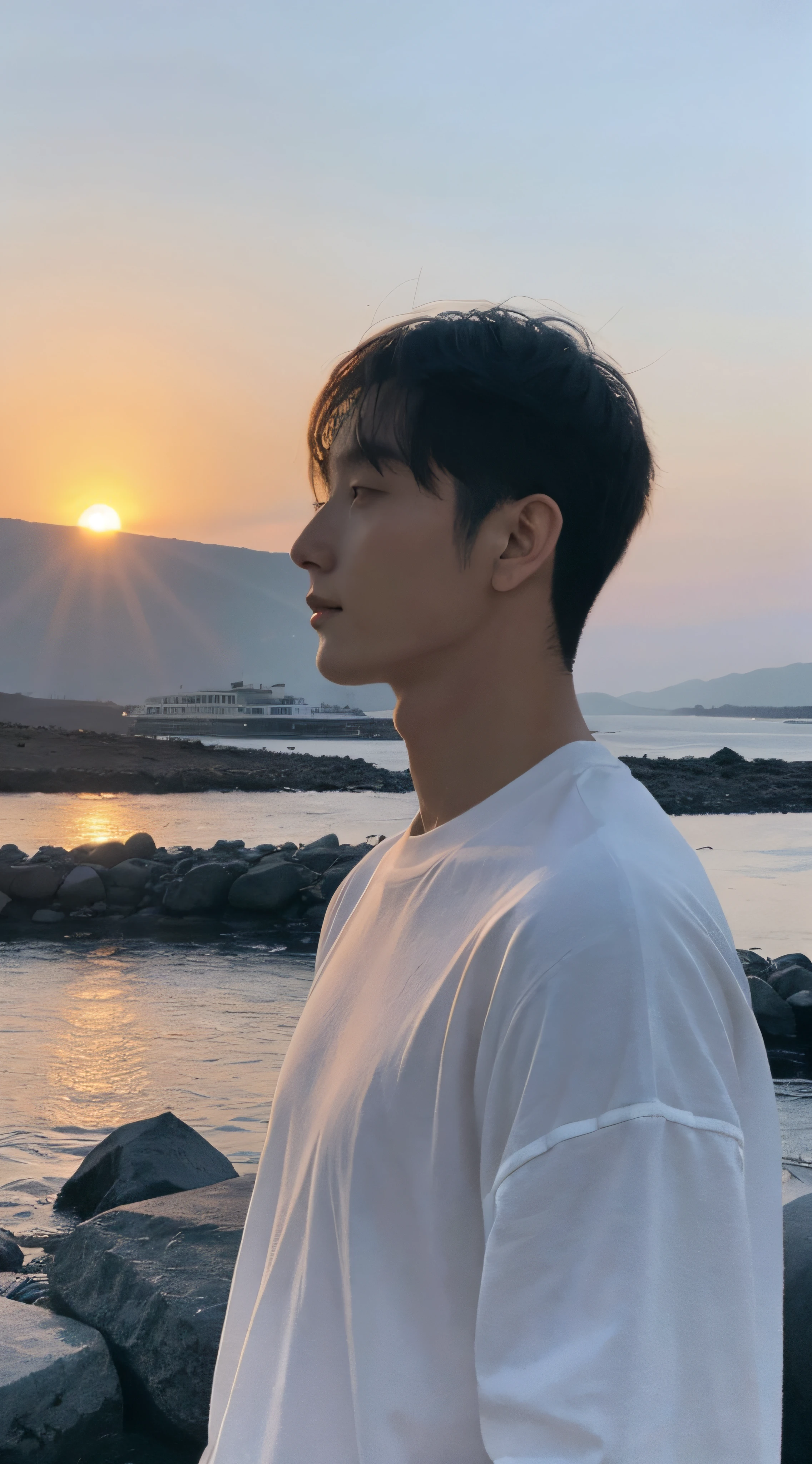 A man, soft lighting, sunset