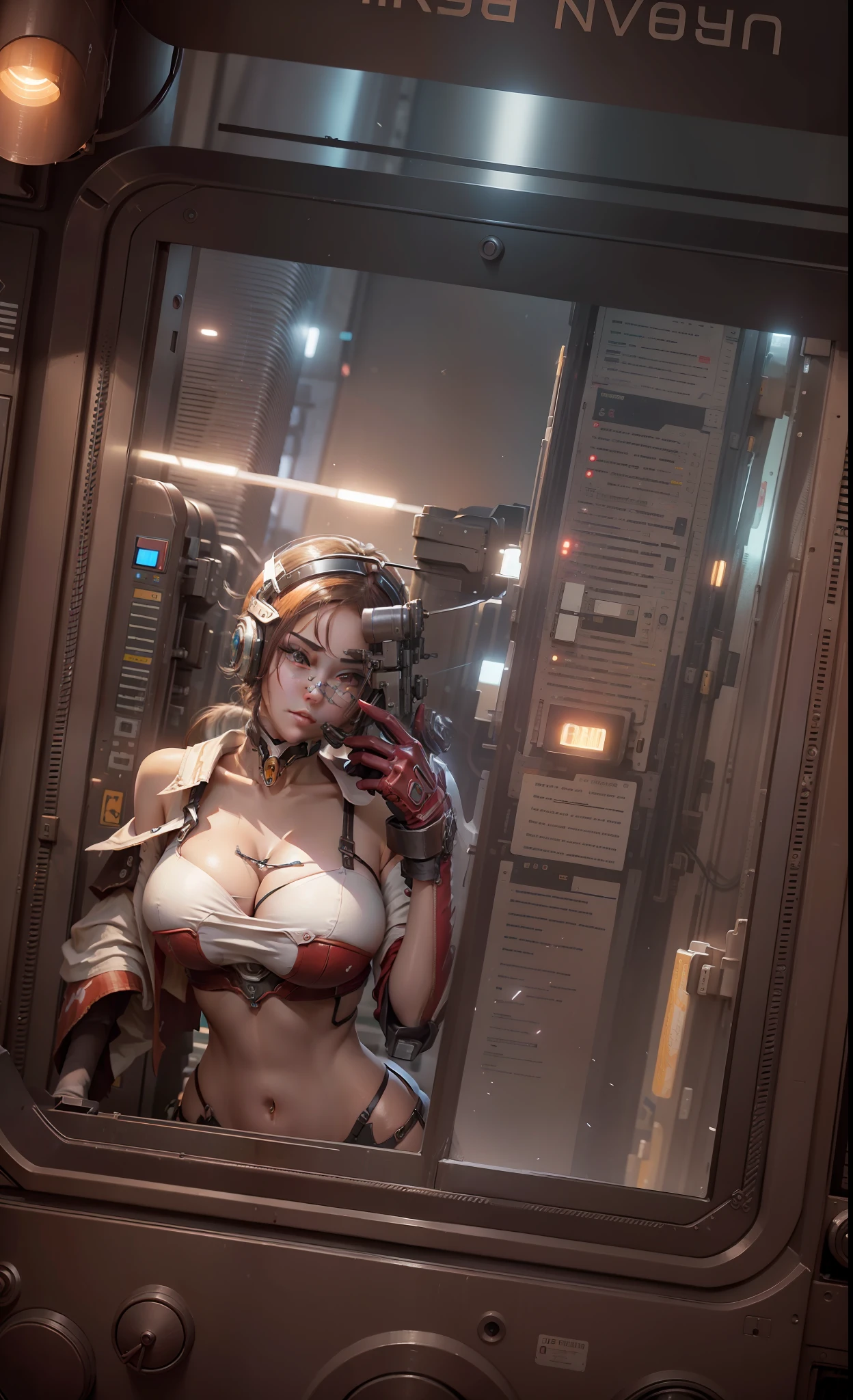 Highest quality, outstanding detail, super high resolution, (fidelity: 1.4), best illustration, favor details, close-up, a mecha girl with a delicate and beautiful face, ((red and white semi-mechanical body: 1.8)), (big breast: 1.2), sexy, belly button, cleavage, riding on a motorcycle, cyberpunk, futuristic, mechanical aesthetics, complex machinery, background is a high-tech lighting scene of the futuristic city, virtual engine 5, perfect detail rendering, octane rendering, ultra HD