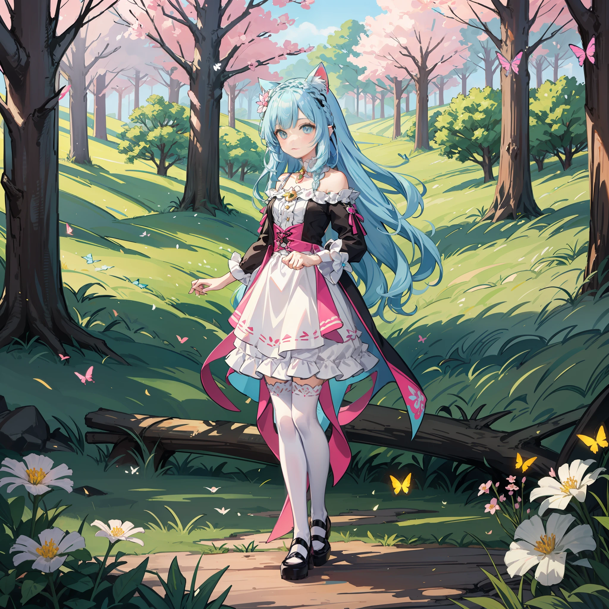 A meadow({multicolour_Hair+Light blue hair:1.8+Pink hair:0.2})Beast-eared loli,White fat meow-style makeup,Tiny cute,Field scenery,Colorful falls,Butterflies flutter，white stockings，Butterfly flower headdress