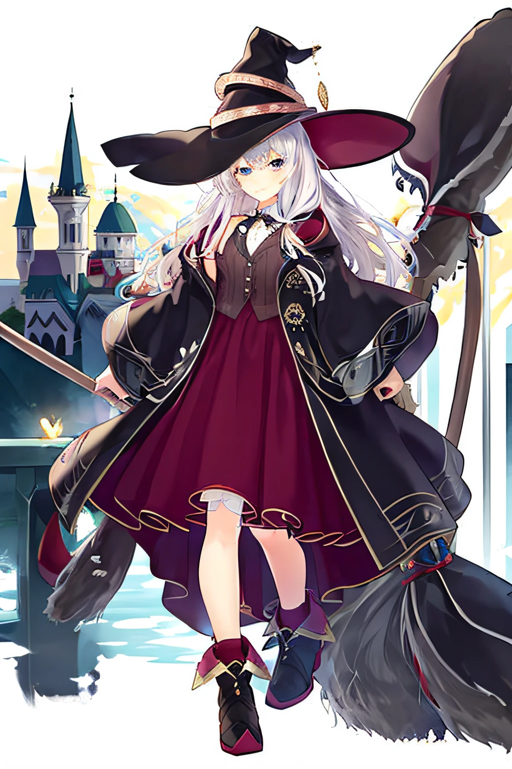 tmasterpiece,1girl,solo,crimson_style_costume, majo_costume, witch_hat,brooch, boots,broom,holding_broom,standing,side
