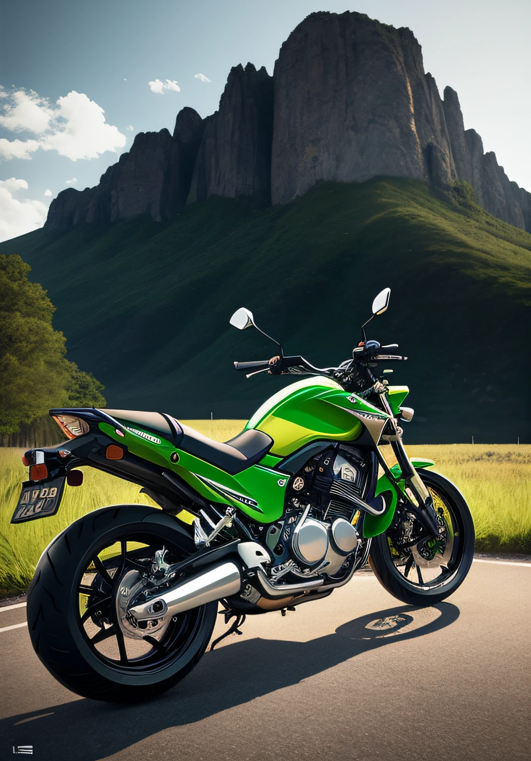 Kawasaki motorcycle in a cinematic setting, hymn game inspiration, Epic image, Era, inspirado no ESAO, protetor de tela impressionante, Grass blade, sombra suave, ian callum, love of wisdom, clean graphic design, Directed by: Ruud Janssen, awesome character