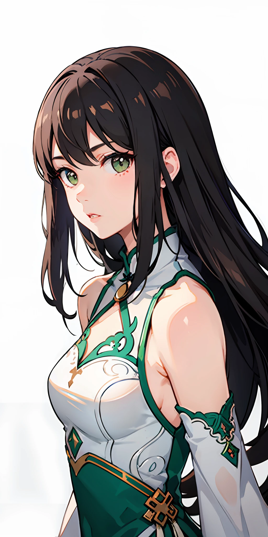 （（ancient wind）），（（China-style）），（（（（（Black long straight））））），（（（Tie up two strands of hair））），（brunette color hair），（（Green antique long dress）），（（White sleeves）），（（Tsundere）），（（apathy）），closeup of face，The upper part of the body，Side Body，looks into camera，