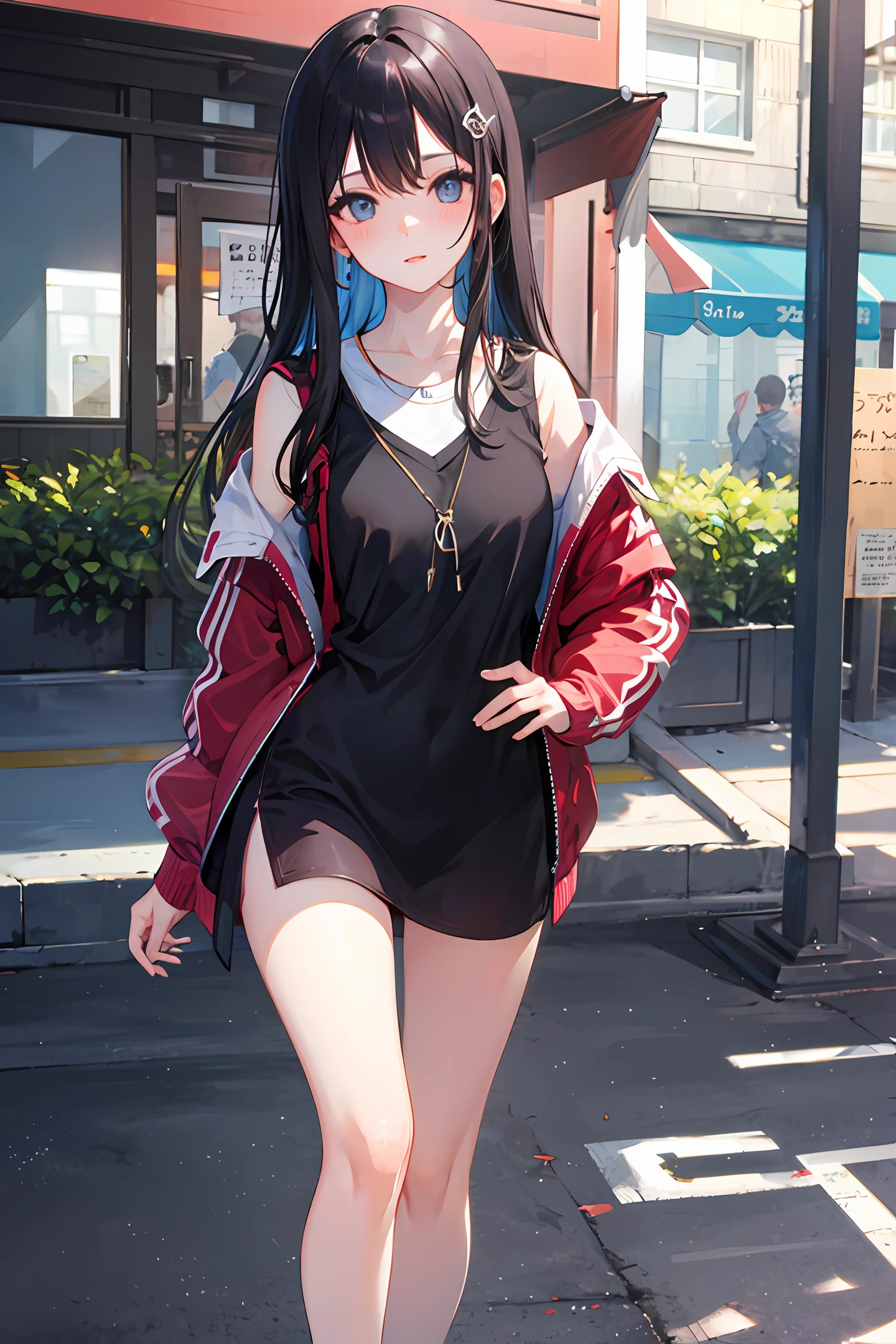Cute girls，street corner，rnlong hair，Close-up Shot Shot，Hyper Real