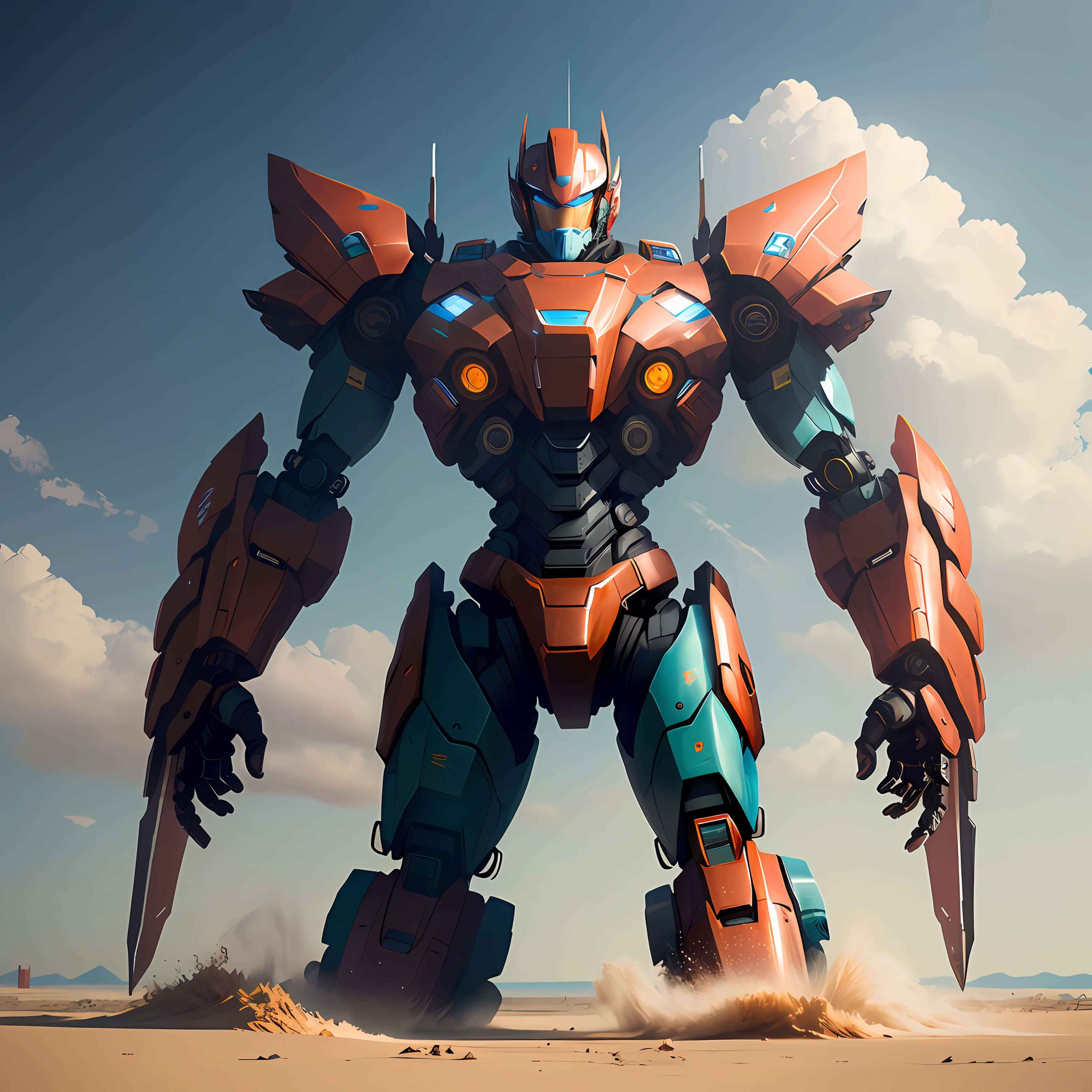 araffe robot standing in the sand with a sky background, anime large mecha robot, tremendous mecha robot, 8k octane 3d render, giant anime mecha, lottalewdsLargeMecha, giant mecha robot, made in unreal engine 5, cool mecha style, Mecha suit, mecha anime, greek god in mecha style, Giant robot mech perfects fingers and perfects head