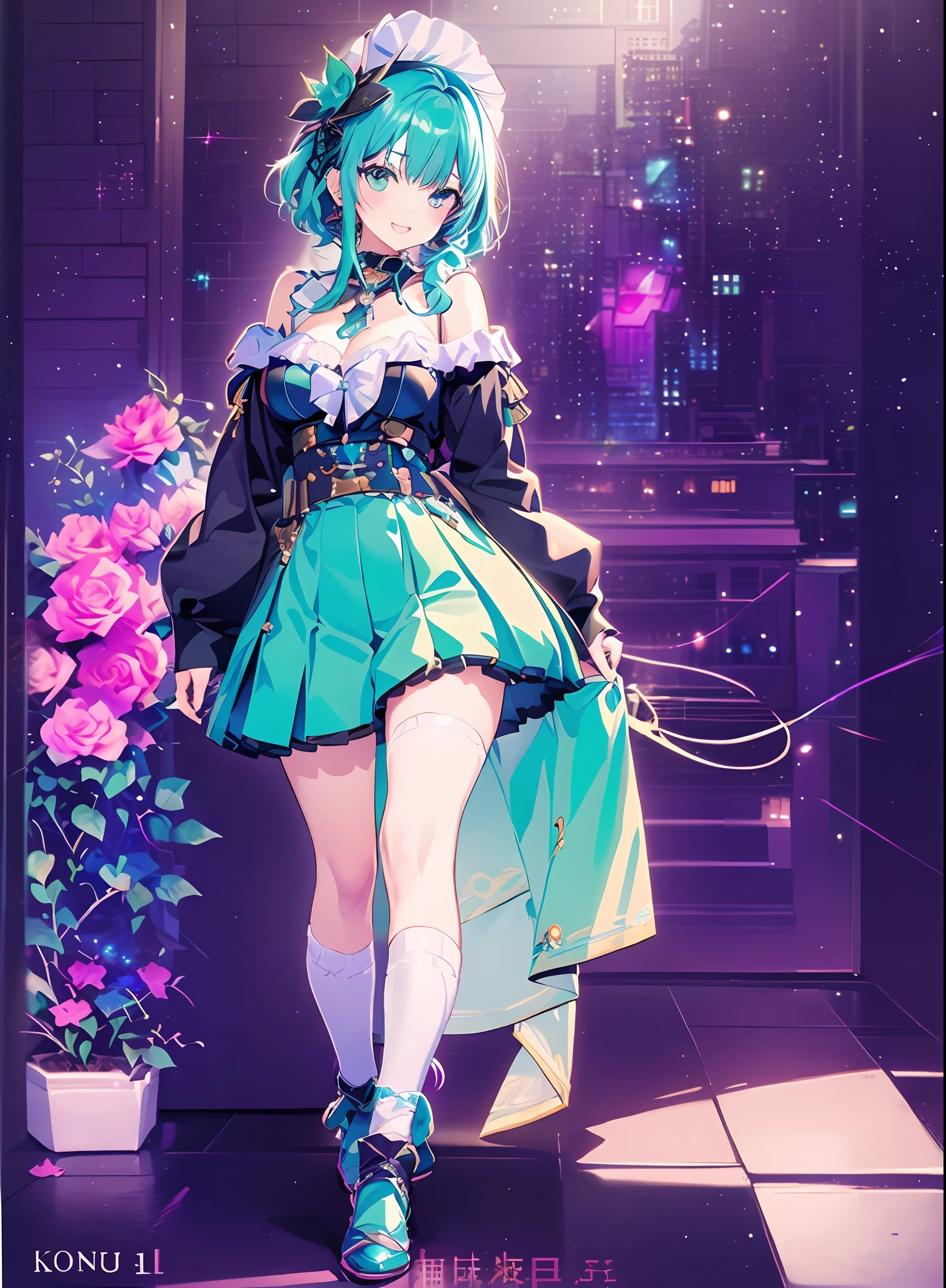 😆Andromeda_Kongacha, ((Konmutsuki_gacha_series1, punk_rosette))), cute girl, aqua color flowers, (full body), elegant flowers background