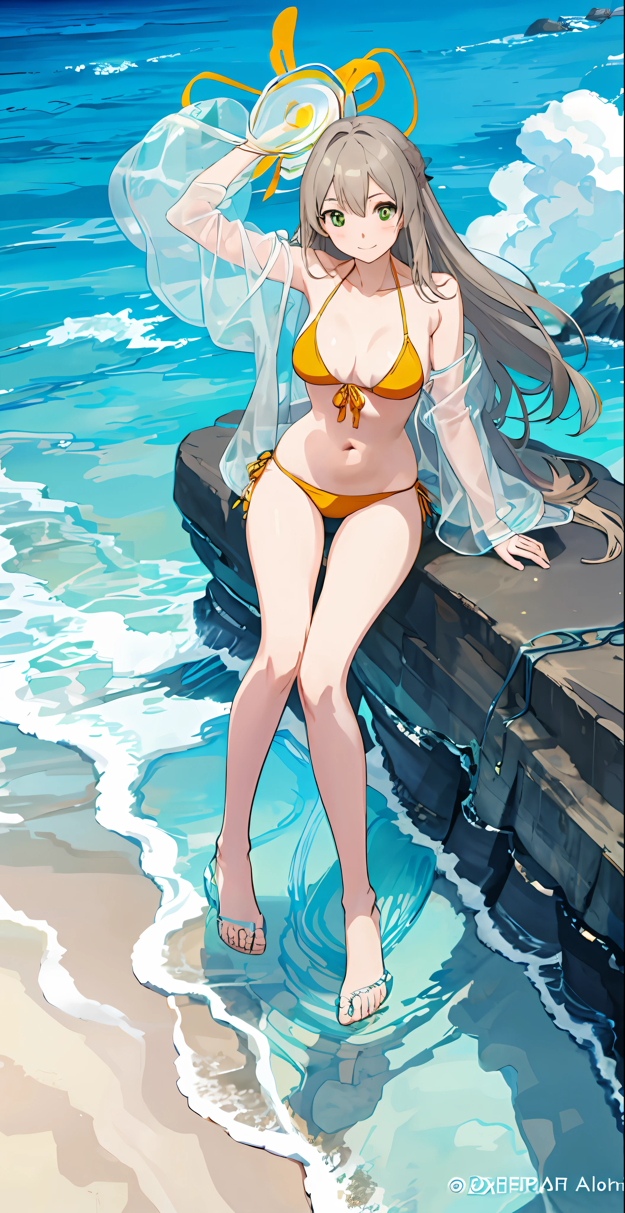 anime girl in a bikini posing in front of a wall, seductive anime girls, realistic bikini, Swimsuit, Attire: Bikini, in a bikini, oppai, small curvaceous , in a bikini, [ 4 K digital art ]!!, on  the  beach, in beach, Guviz, attractive anime girls, bathing suit, ilya kuvshinov with long hair