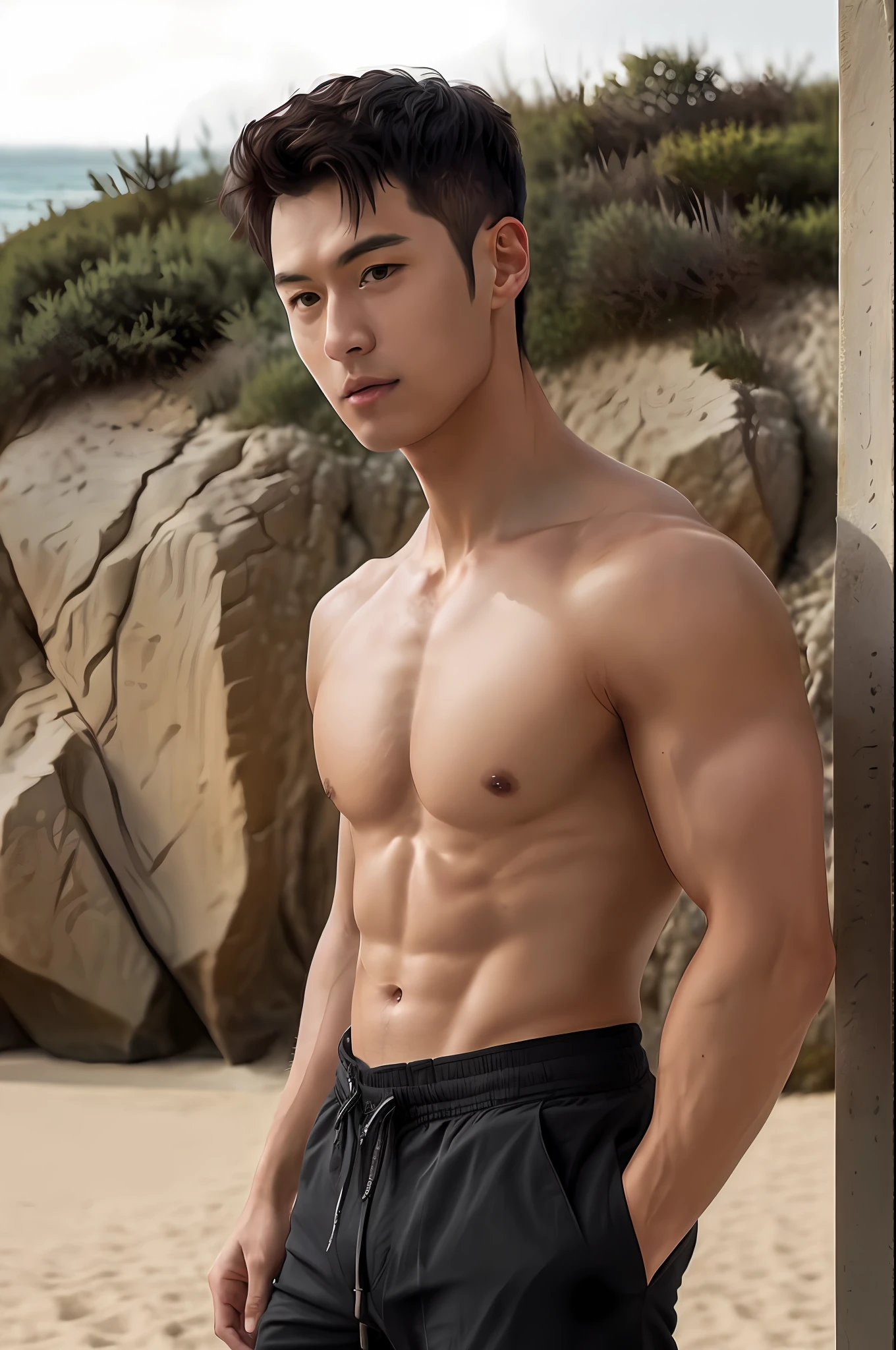 1人，A handsome 20-year-old man，Toned body，Sharply defined，Be well-exercised，Protruding muscle striae，Full muscles，Healthy complexion，Confident posture，On the beach，full bodyesbian，gentlesoftlighting，tmasterpiece，best qualtiy，8K  UHD，digital DSLR camera，filmgrain，Fujifilm XT3 Realistic painting art，Written by Midjourney and Greg Rutkowski