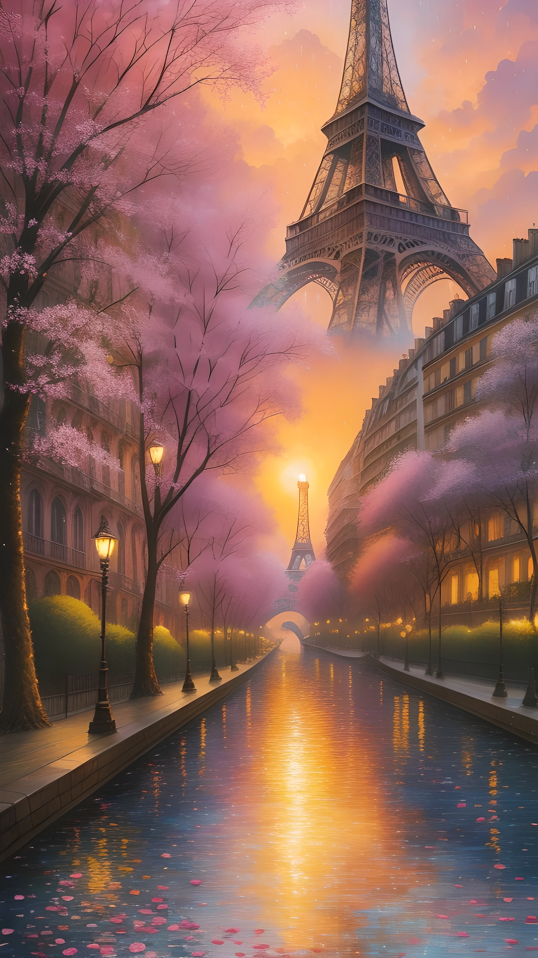 Create a giant oil painted mural of Paris and the iconic Eiffel Tower by various artists and their respective styles and way of painting crisp realism, 1 picasso 2 rembradt, 3 Michelangelo, 4 vicent van gogh y 5 claude monet --auto