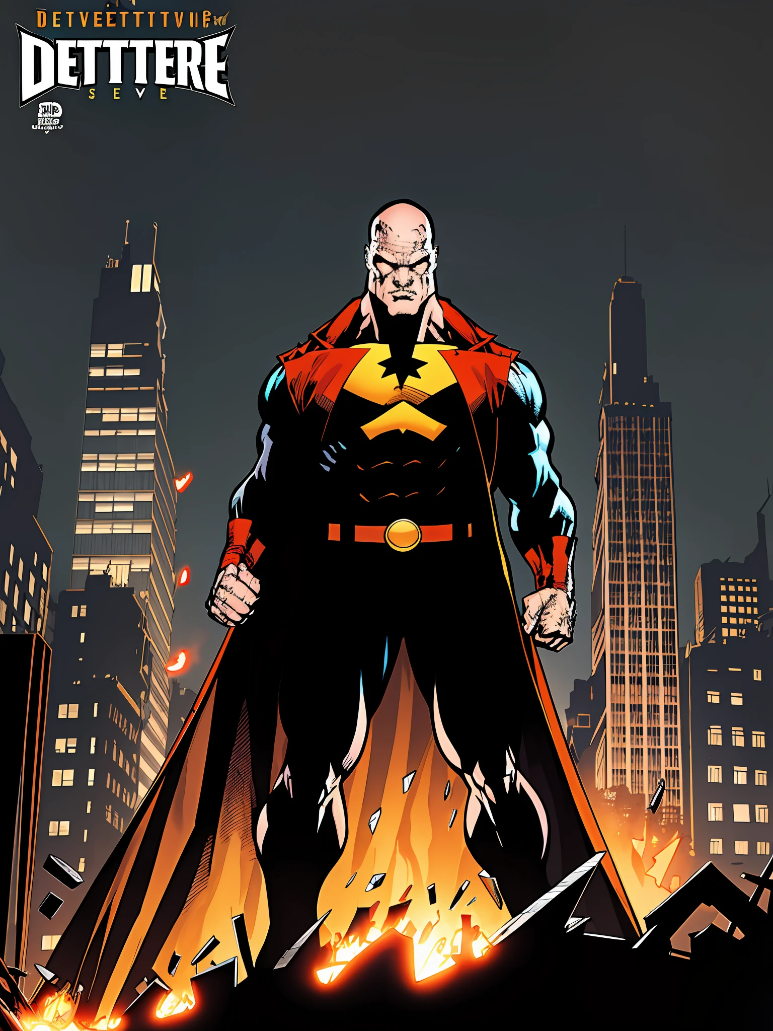 imagine prompt:coloring pages for adults, Comic Book Title: "Steel Detective: Burning Mysteries" Comic book cover: The comic's cover features a scene full of action and mystery, capturing the essence of the Steel Detective and his world full of exciting challenges. Background: The background of the cover is a night view of the city of New Haven, with illuminated skyscrapers and eerie shadows. The starry sky gives a touch of intriguing atmosphere. Featured Steel Detective: The Steel Detective is positioned at the center of the cover, in a dynamic and heroic pose. He is standing with his fists clenched and arms slightly bent, conveying his strength and determination. His gaze is focused and serious, showing his dedication to solving the mysteries surrounding the city. Distinctive Attire: The Steel Detective is dressed in his iconic costume. His red shirt, with a silver star on his chest, draws attention and highlights his heroic identity. He wears a long black overcoat, which is fluttering in the wind, adding a touch of dynamism to the scene. Mystery Setting: Surrounding the Steel Detective are elements that represent the mysteries he is about to face. There may be ominous shadows, clues scattered across the floor, sparks and small explosions that suggest imminent action. These elements convey the atmosphere of suspense and danger that surrounds the story. Title: The title of the comic, "Steel Detective: Burning Mysteries", is set in bold, metallic lettering with red and silver tones, highlighting and emphasizing the theme of the story. Authorship and Logo: The name of the author or creative team responsible for the comic is present, along with the Steel Detective logo, reinforcing its brand and identity. The cover of the Steel Detective comic is a combination of action, mystery and power, presenting the hero in imposing form and ready to face the challenges that await. It invites readers to delve into a suspenseful, twisting narrative where the Steel Detective will u