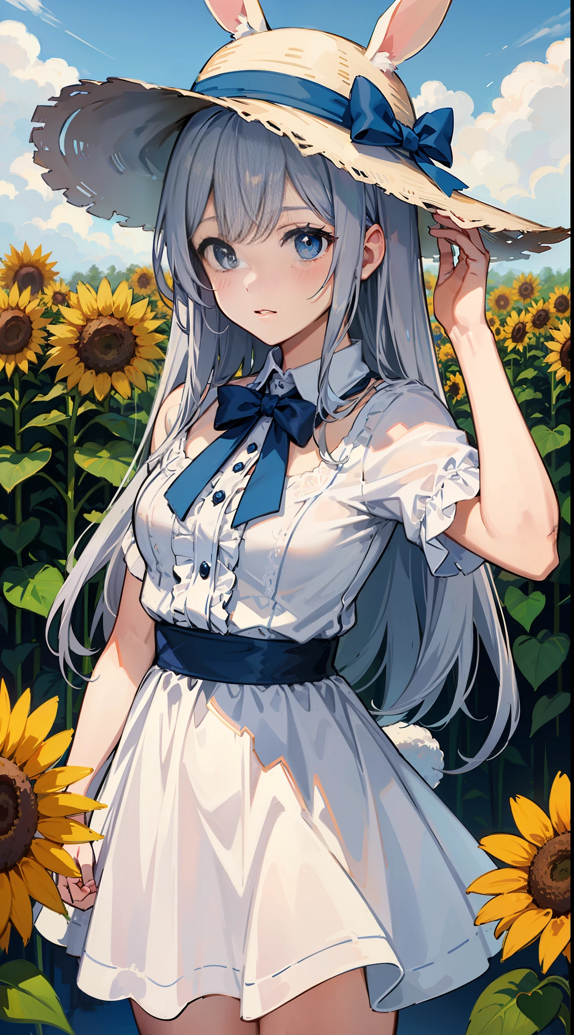 s girl Rabbit ears has silver hair a straw fedora hat white clothes sunflowers fields blue-sky high-level image quality ren