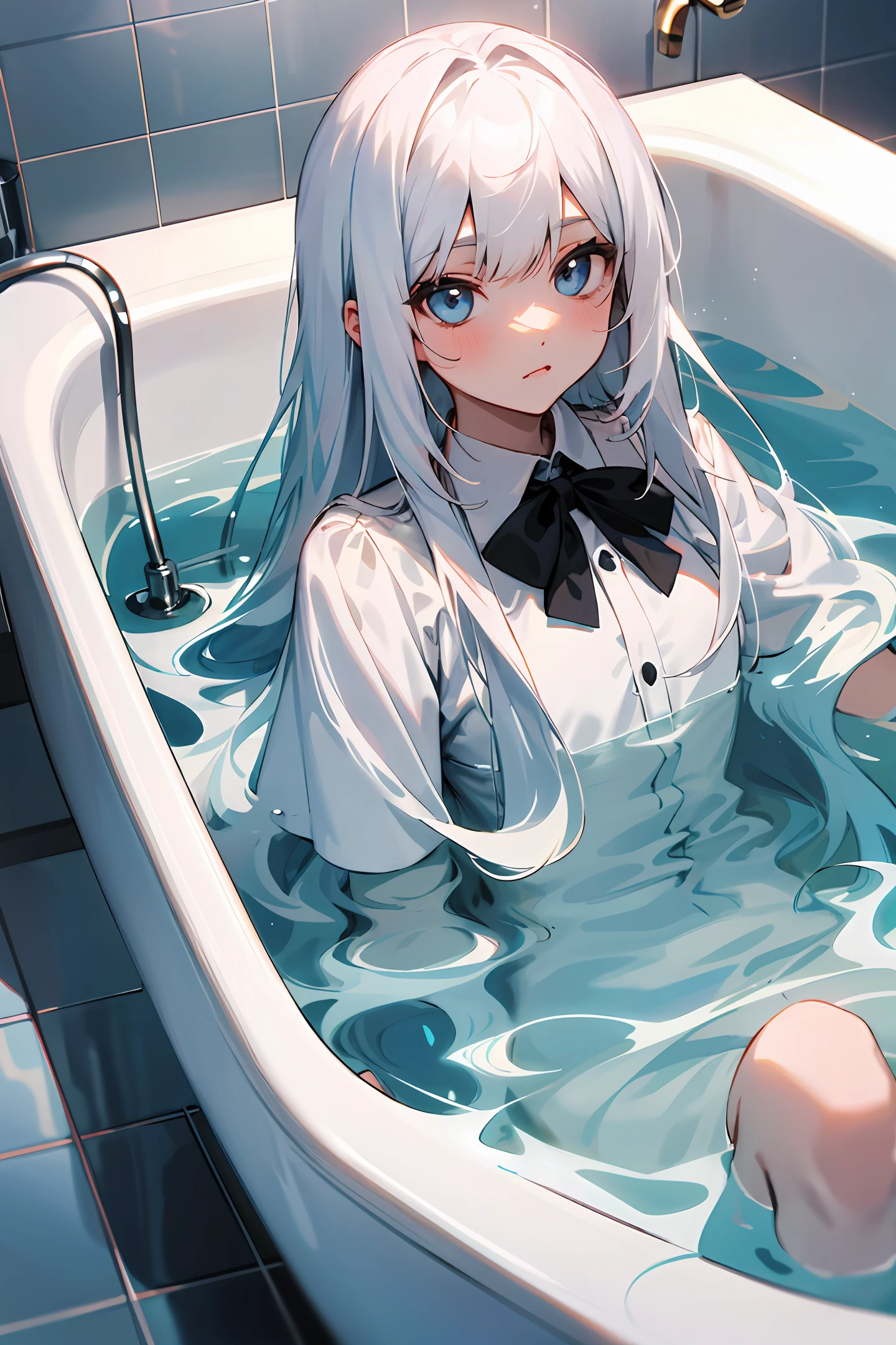 girl,Long white hair,Harnes,quadratic element,adolable,In the bath